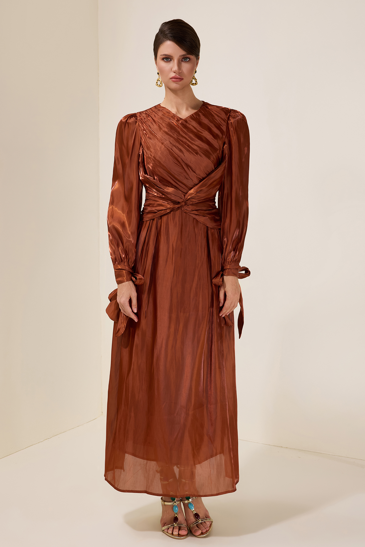 Satin Gathering Knotted Midi Dress