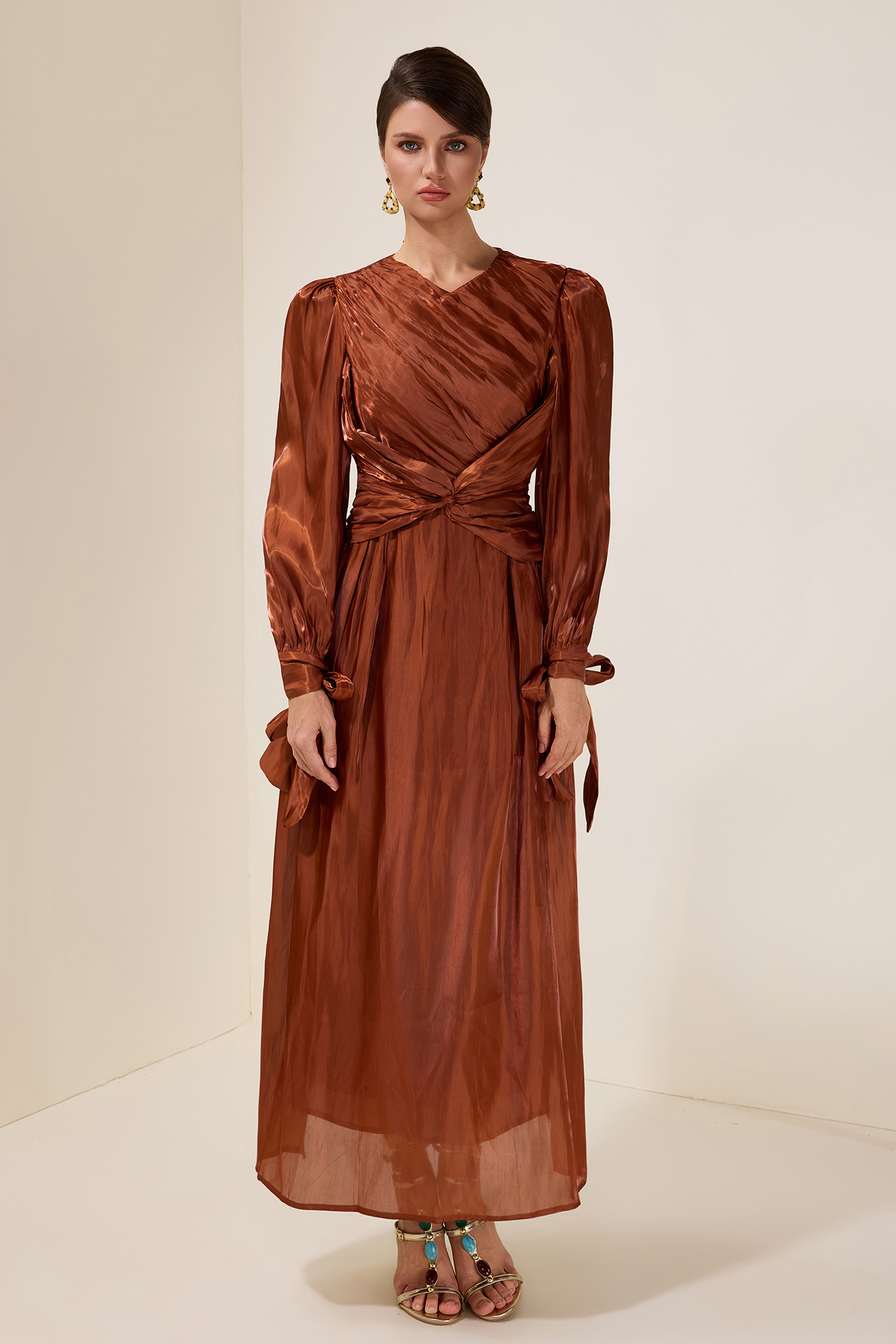 Satin Gathering Knotted Midi Dress