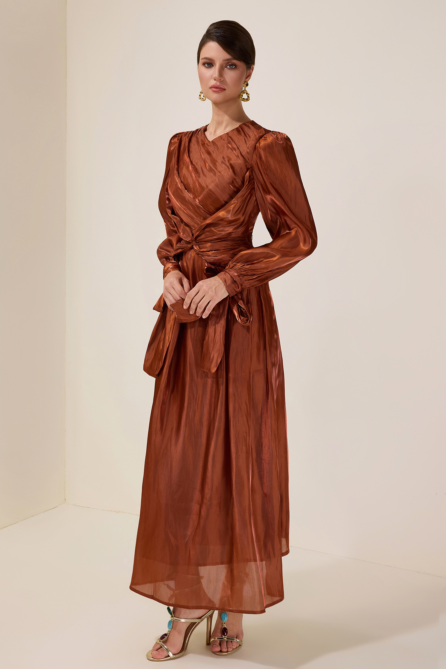 Satin Gathering Knotted Midi Dress