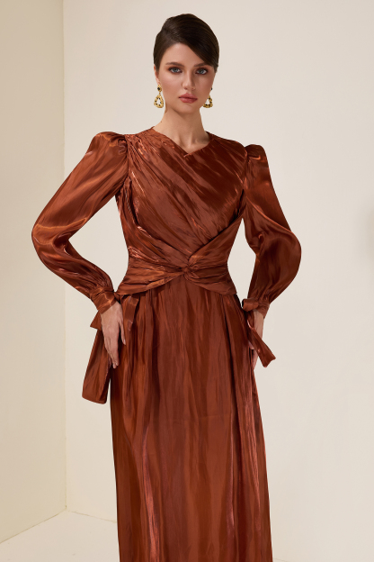 Satin Gathering Knotted Midi Dress