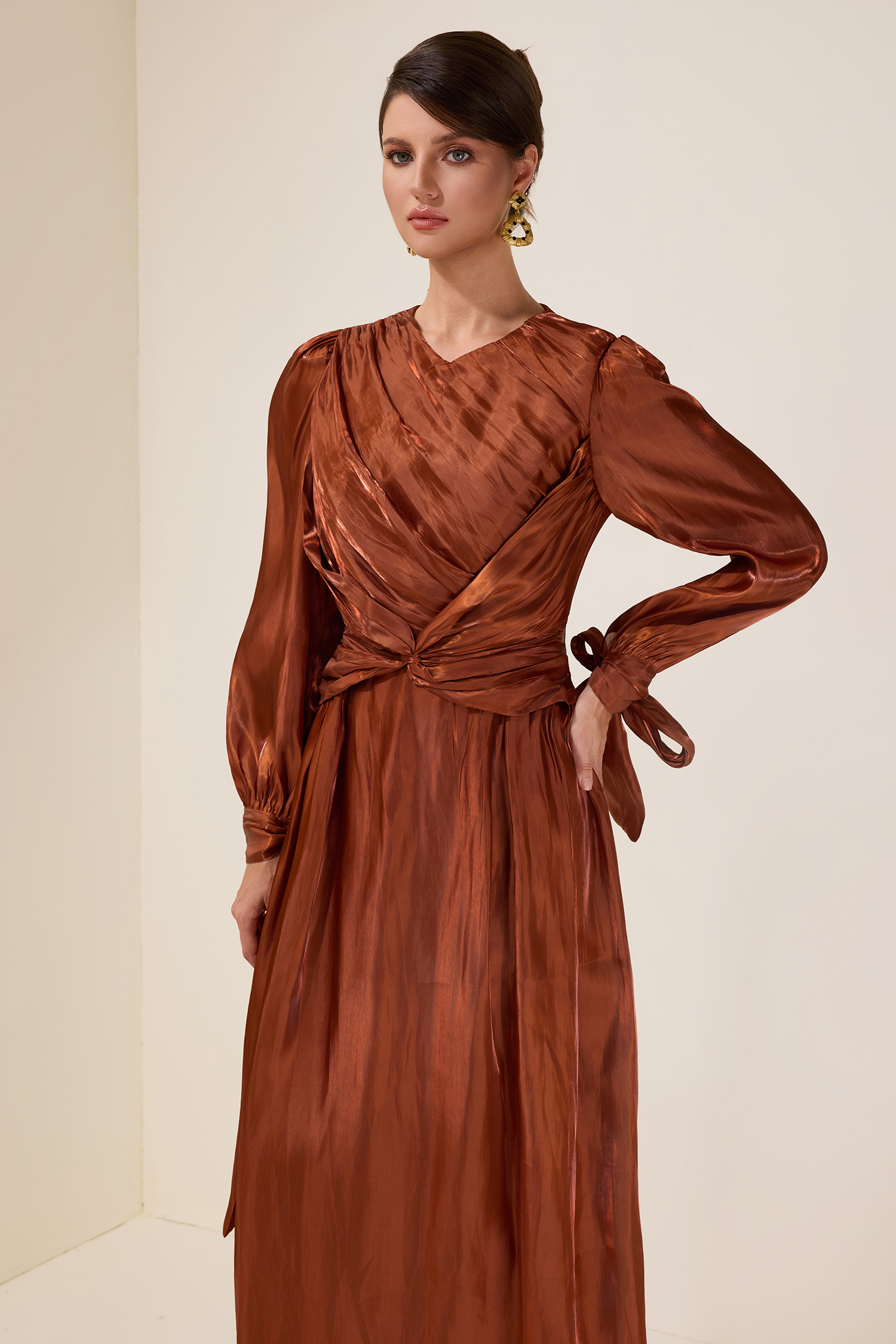 Satin Gathering Knotted Midi Dress