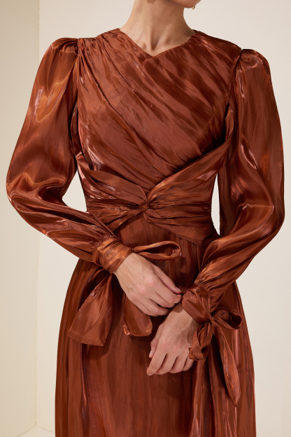 Satin Gathering Knotted Midi Dress