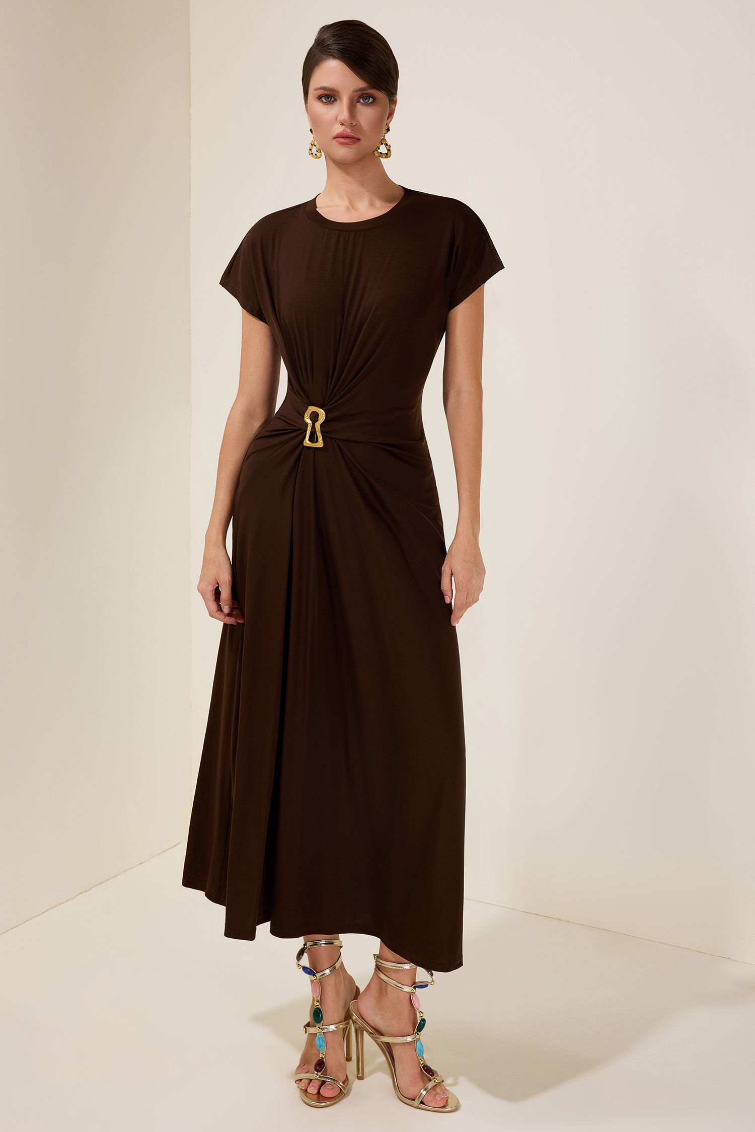 Jersey Gathering Metal Button Midi Dress