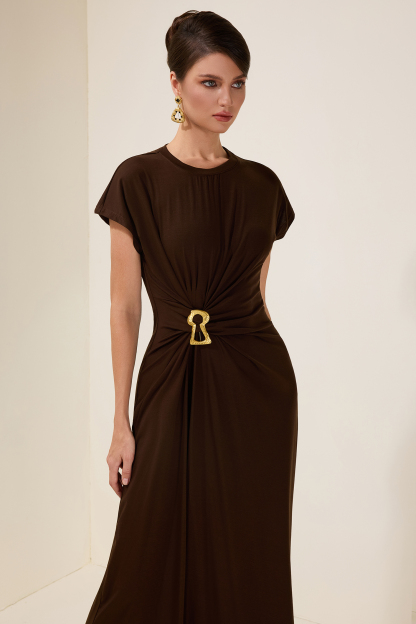 Jersey Gathering Metal Button Midi Dress