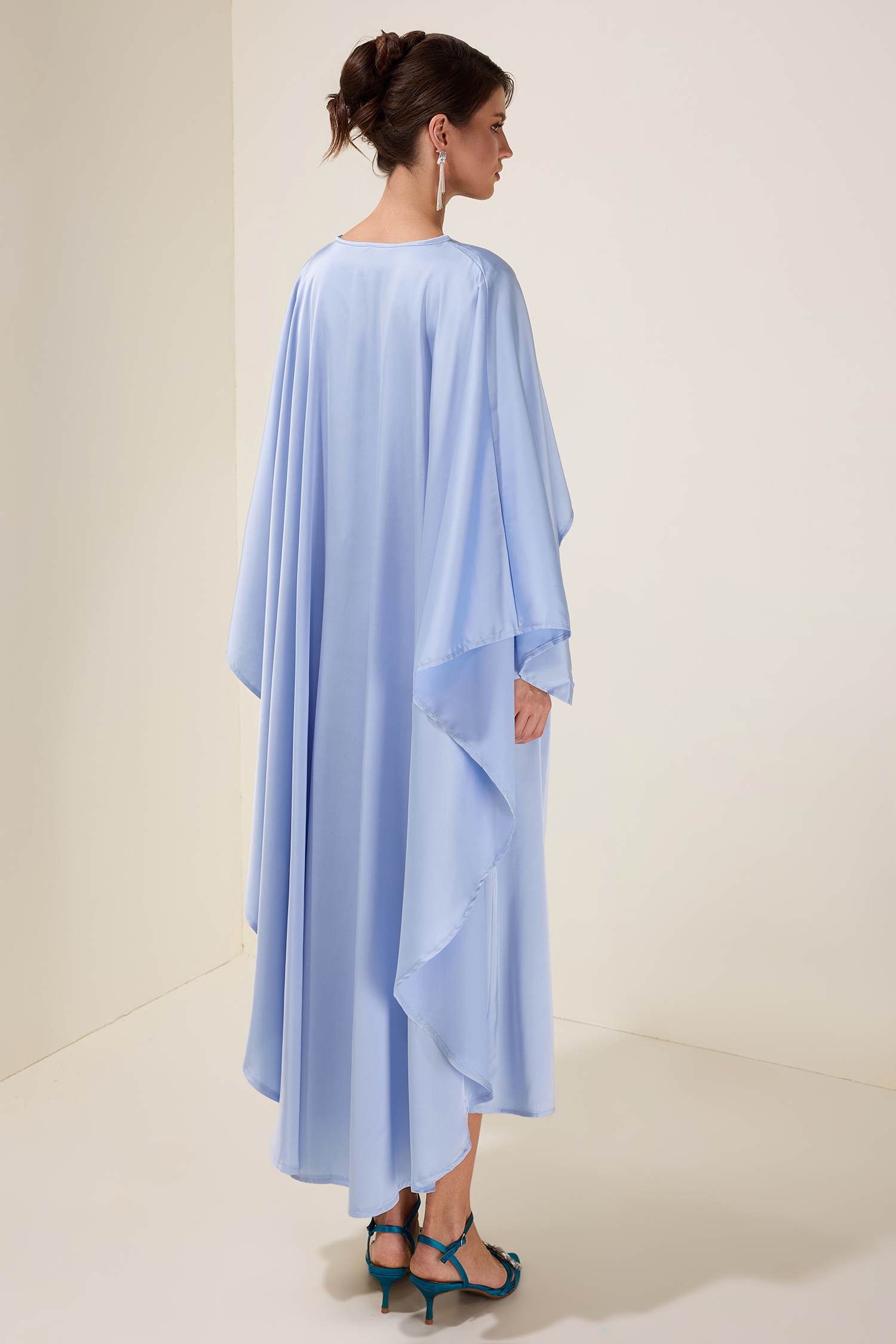 Satin Faux Pearl Cape Sleeve Midi Dress