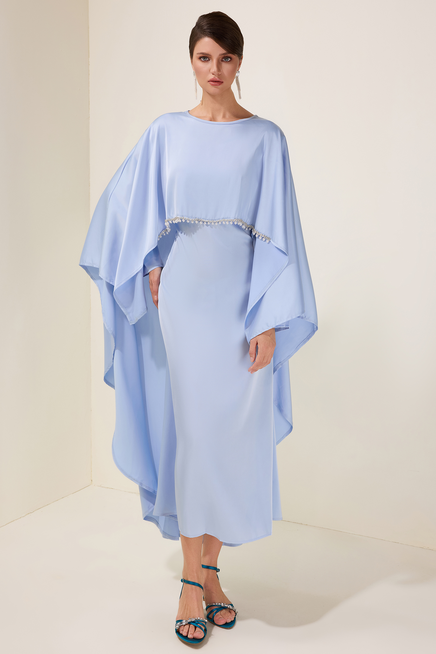 Satin Faux Pearl Cape Sleeve Midi Dress