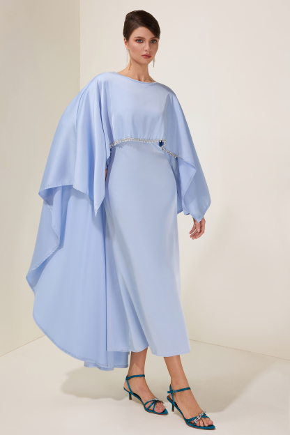 Satin Faux Pearl Cape Sleeve Midi Dress