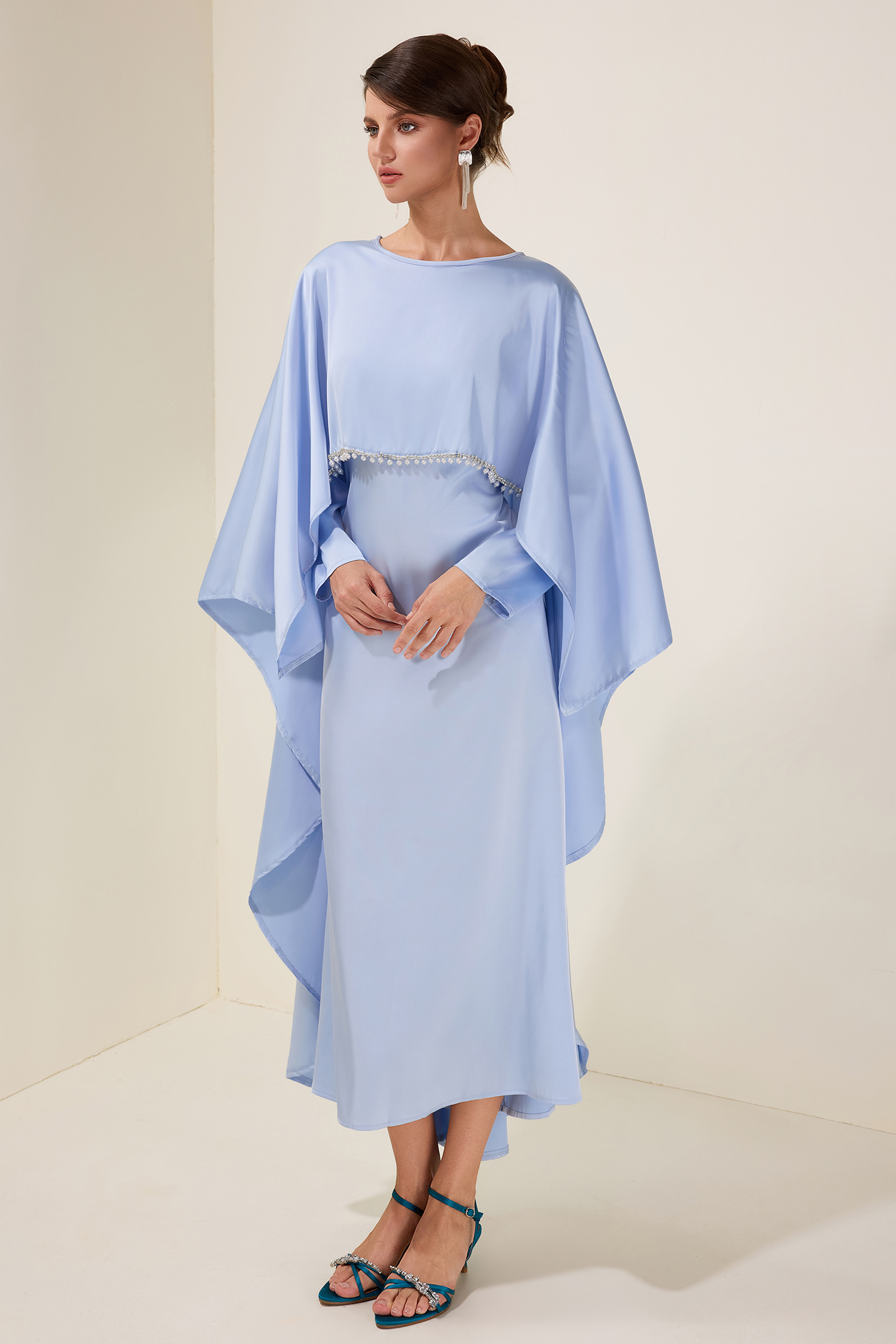 Satin Faux Pearl Cape Sleeve Midi Dress