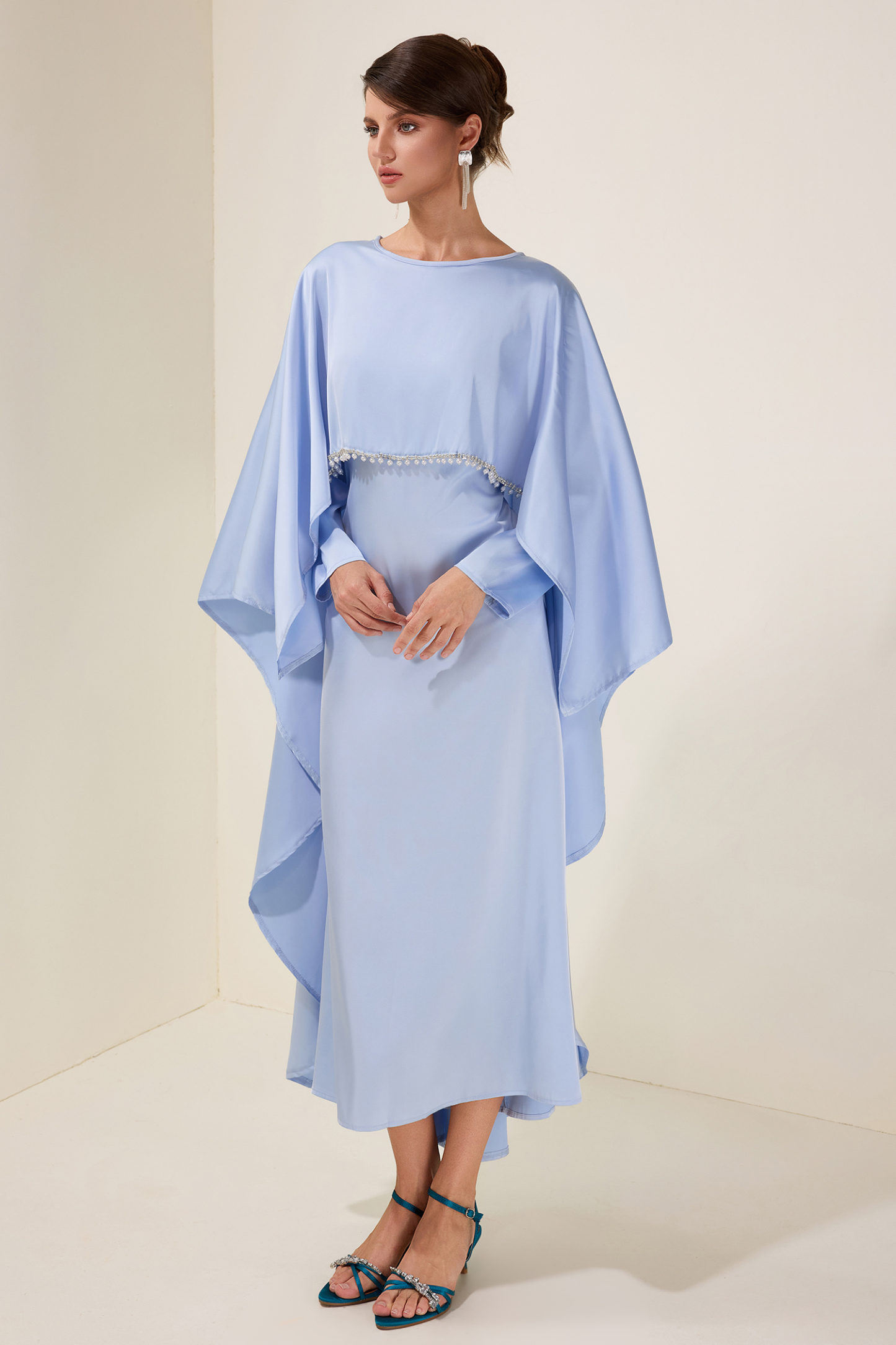 Satin Faux Pearl Cape Sleeve Midi Dress