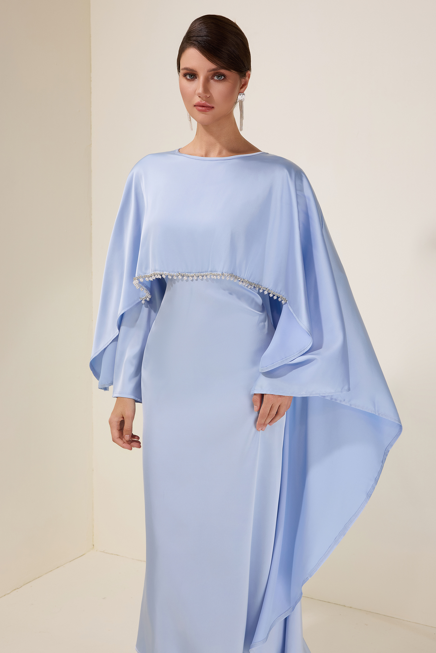 Satin Faux Pearl Cape Sleeve Midi Dress