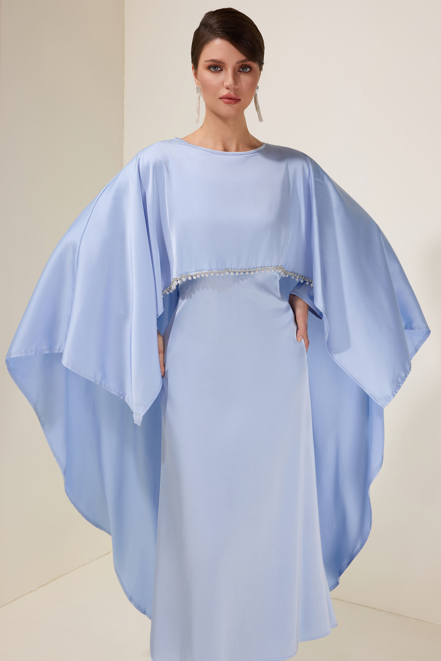 Satin Faux Pearl Cape Sleeve Midi Dress
