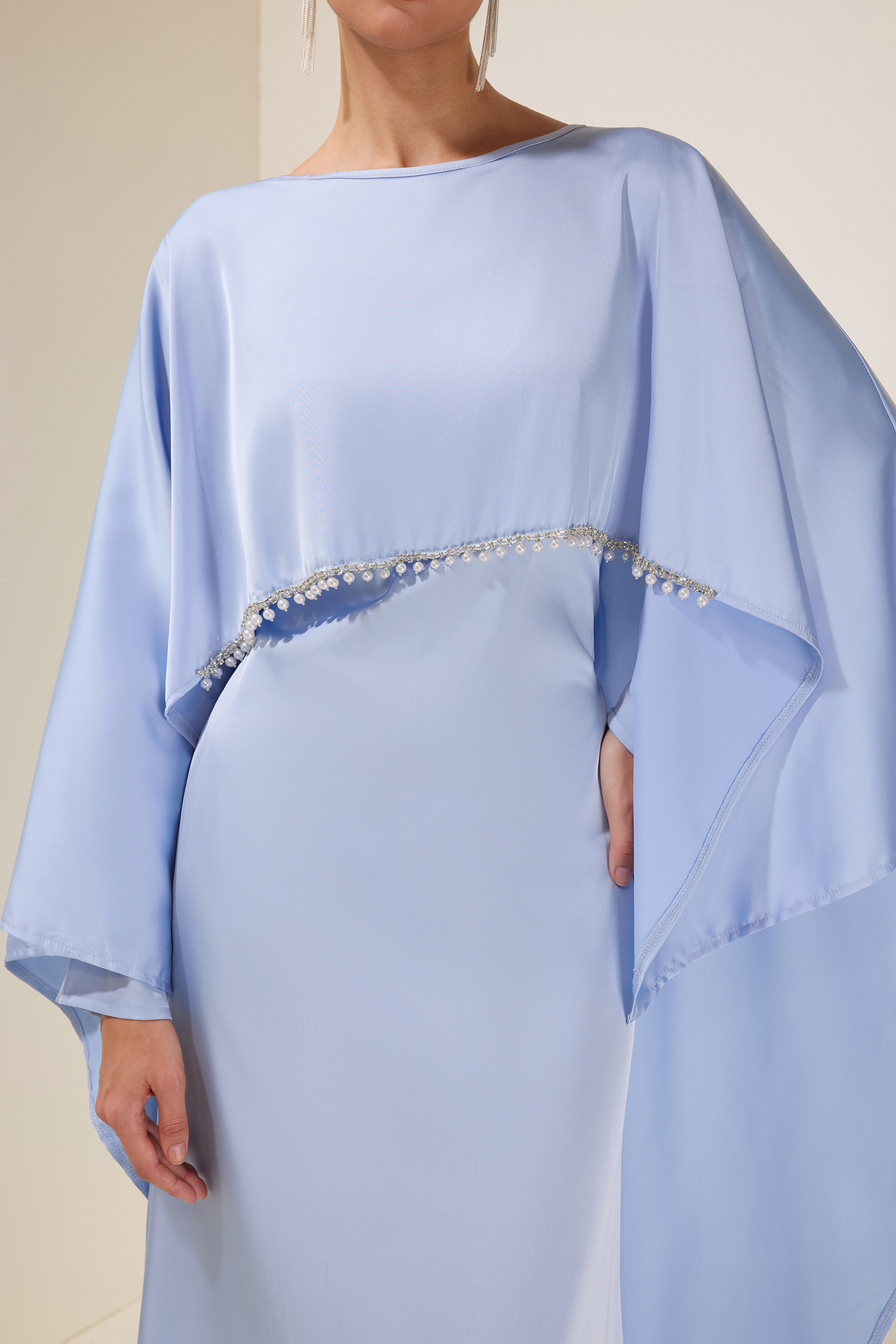 Satin Faux Pearl Cape Sleeve Midi Dress