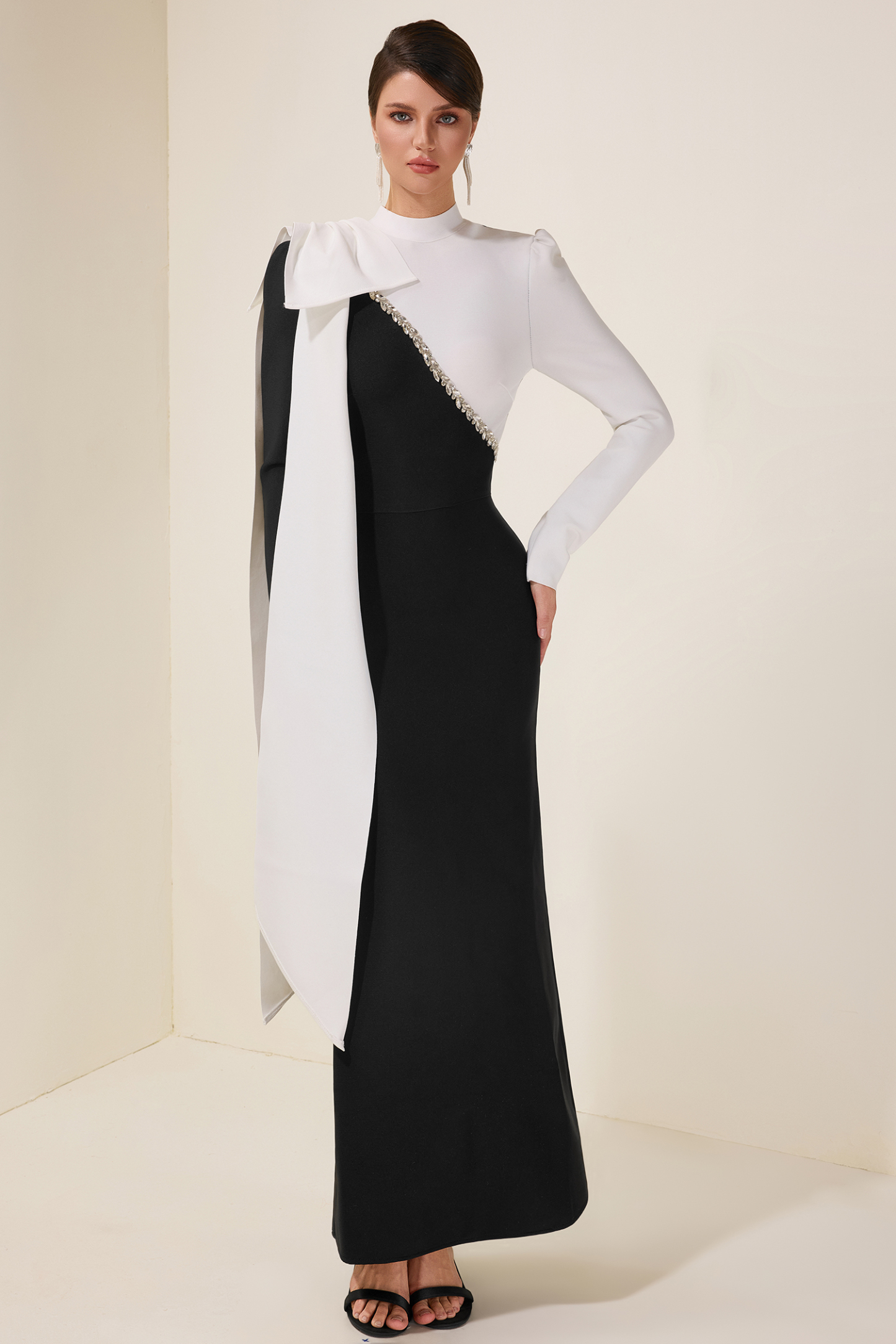 Rhinestone Contrast Color Bow Midi Dress