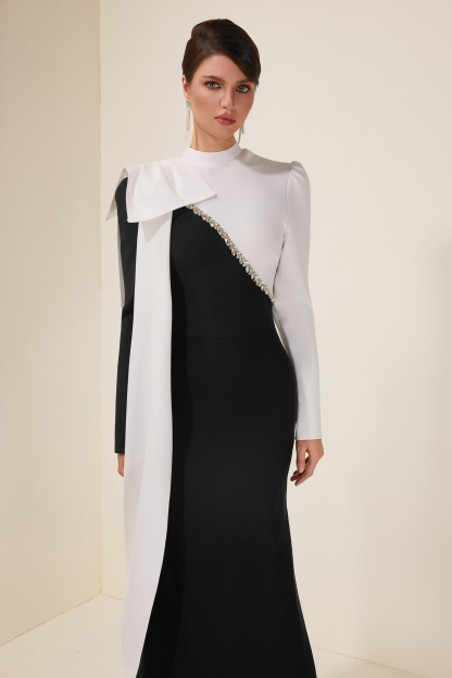 Rhinestone Contrast Color Bow Midi Dress