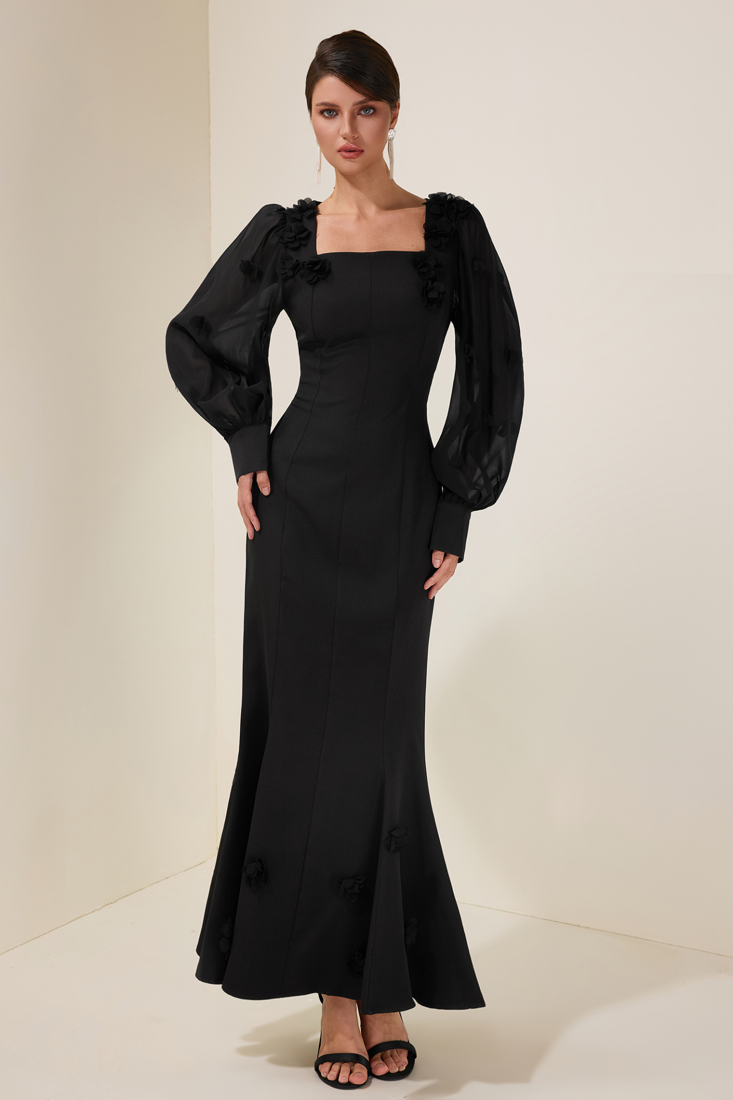 3D Flower Square Collar Lantern Sleeve Maxi Dress