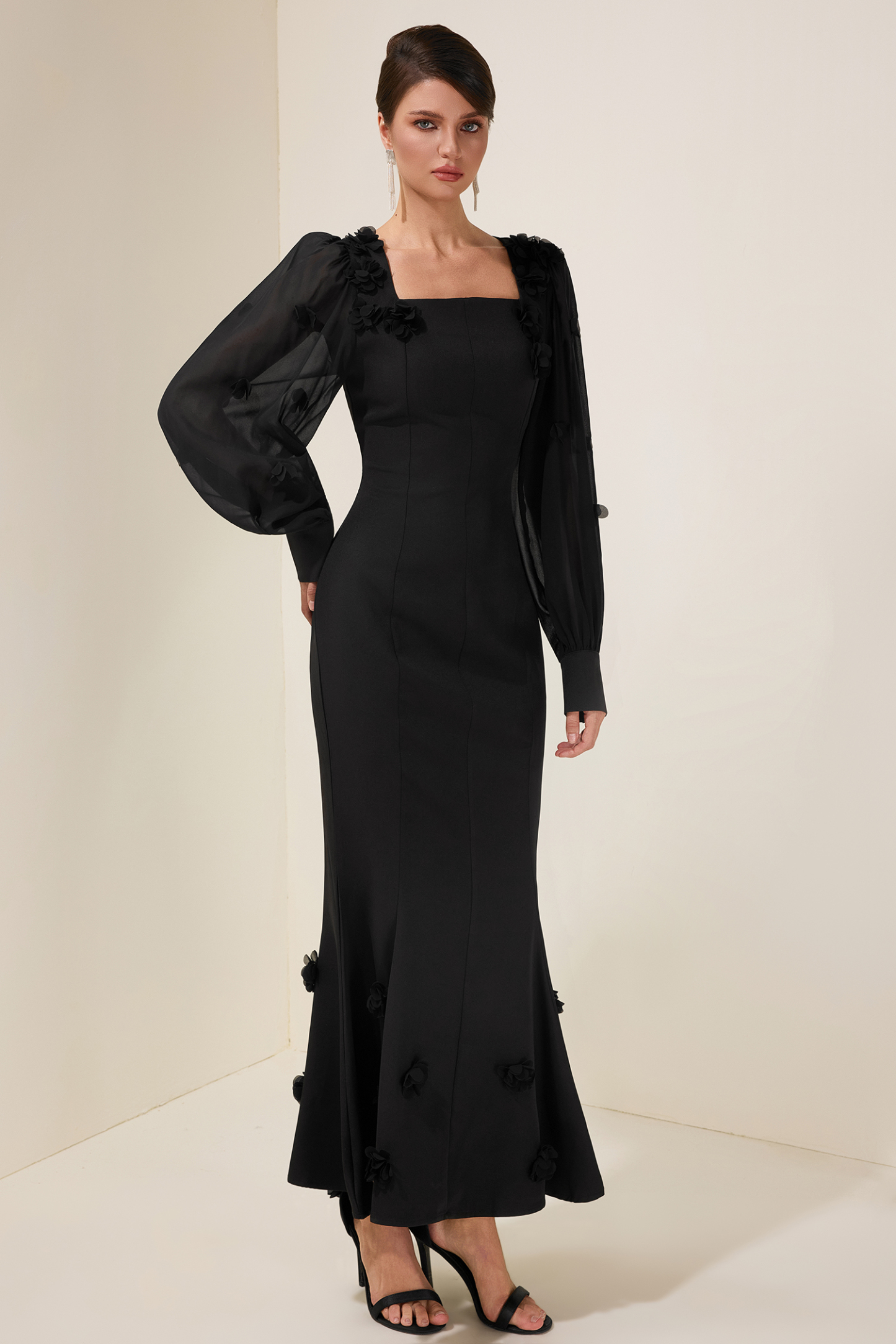 3D Flower Square Collar Lantern Sleeve Maxi Dress