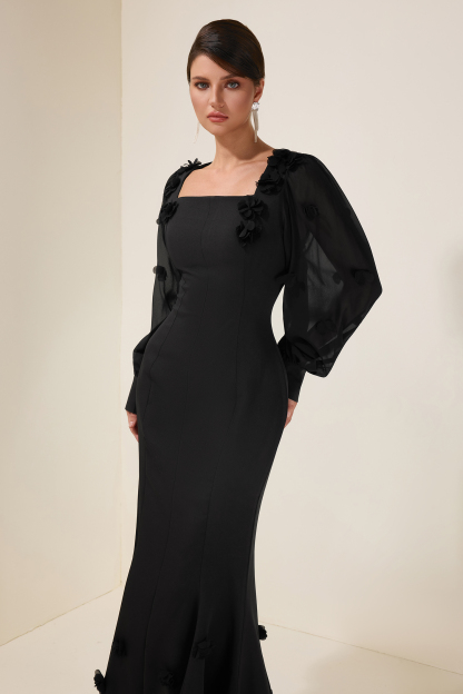 3D Flower Square Collar Lantern Sleeve Maxi Dress