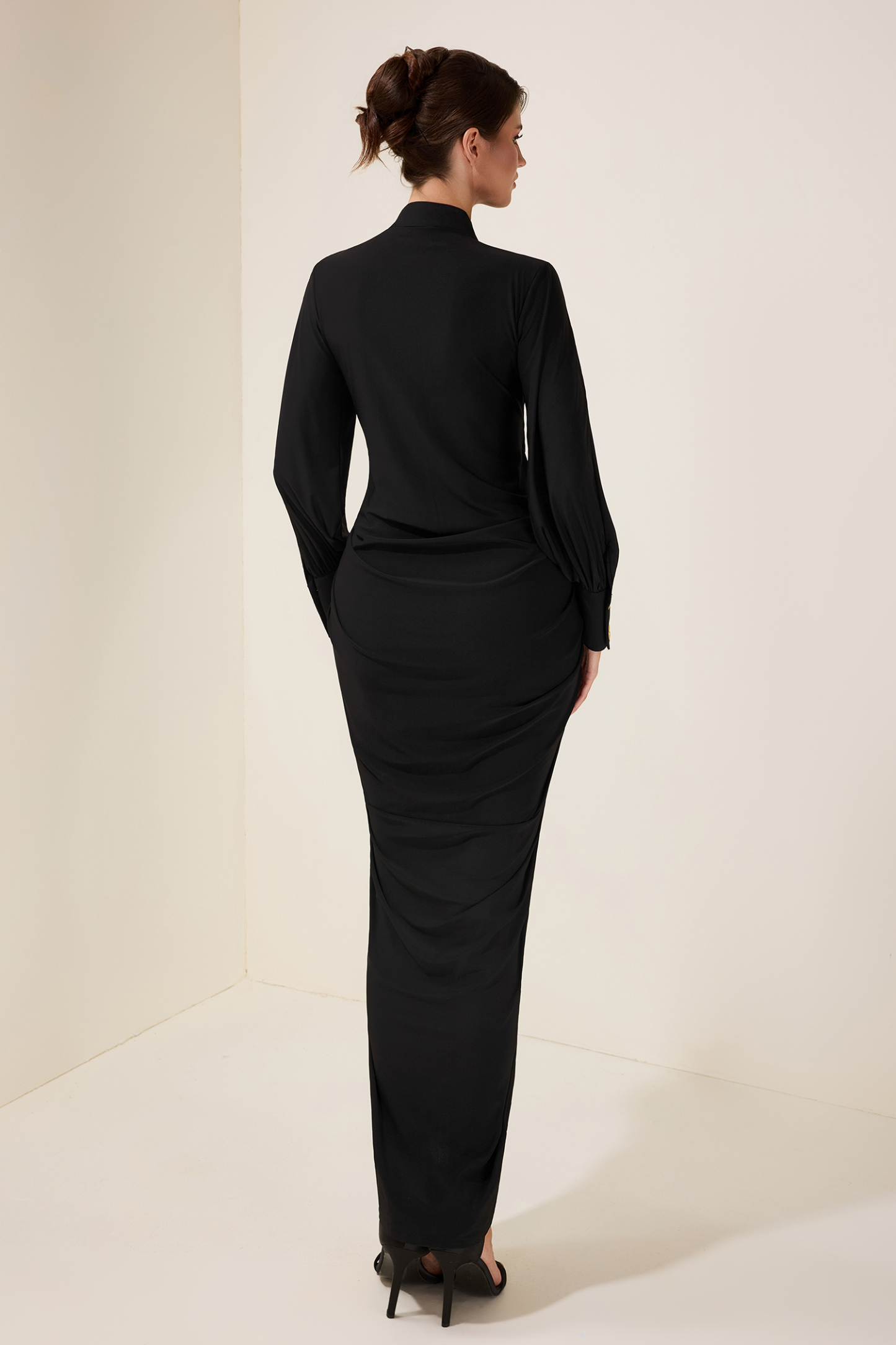 Metal Button Gathering Long Sleeve Midi Dress