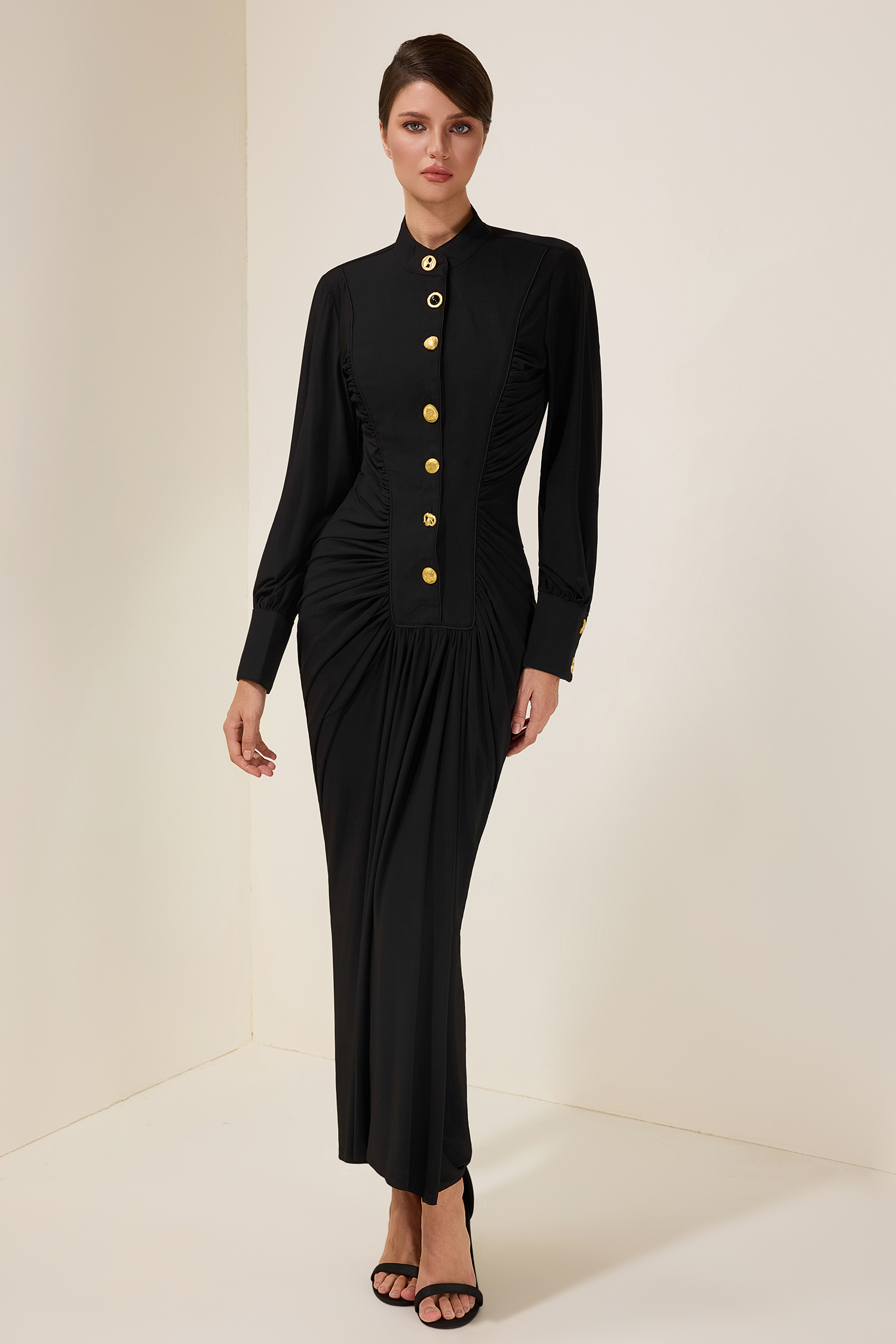 Metal Button Gathering Long Sleeve Midi Dress