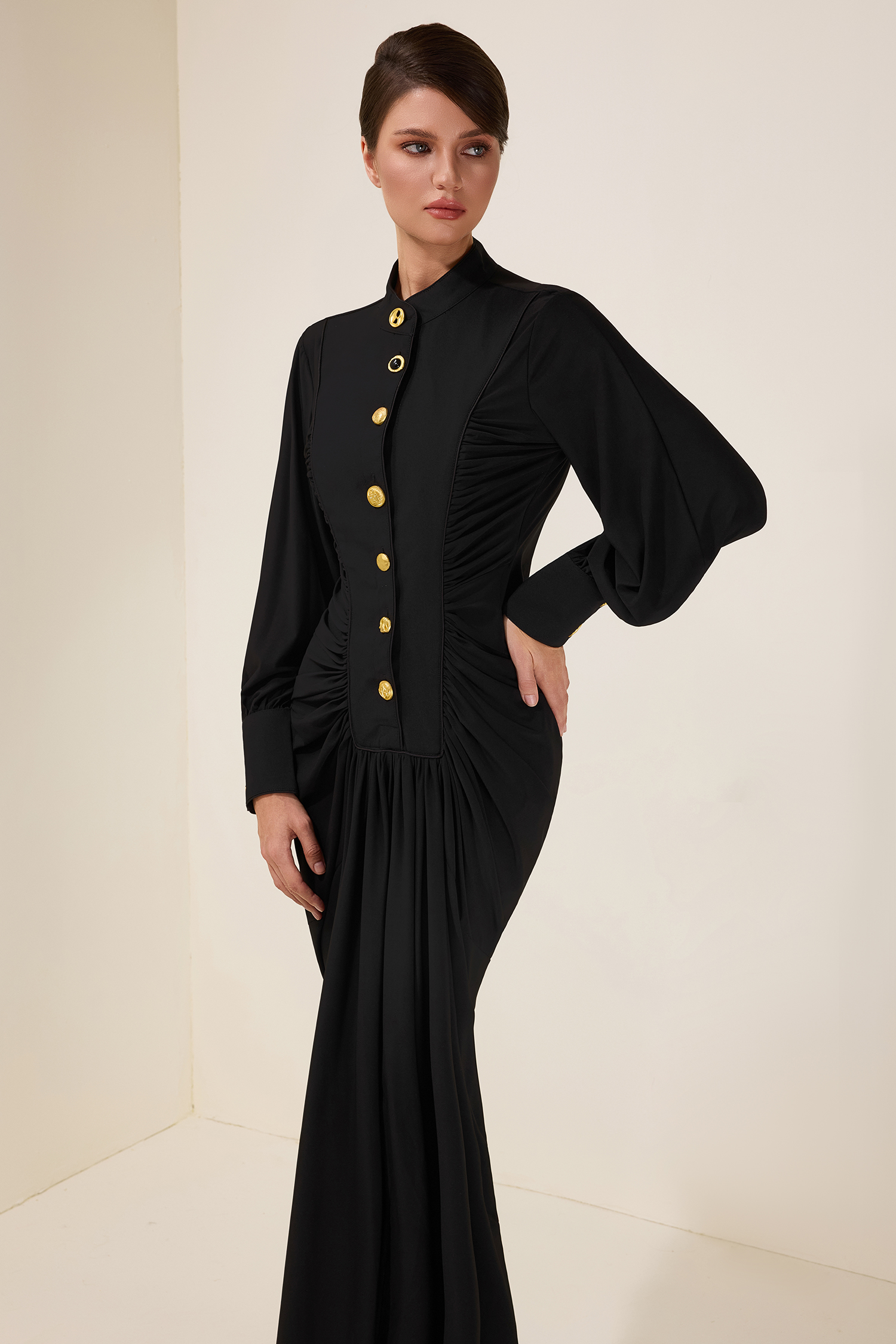 Metal Button Gathering Long Sleeve Midi Dress