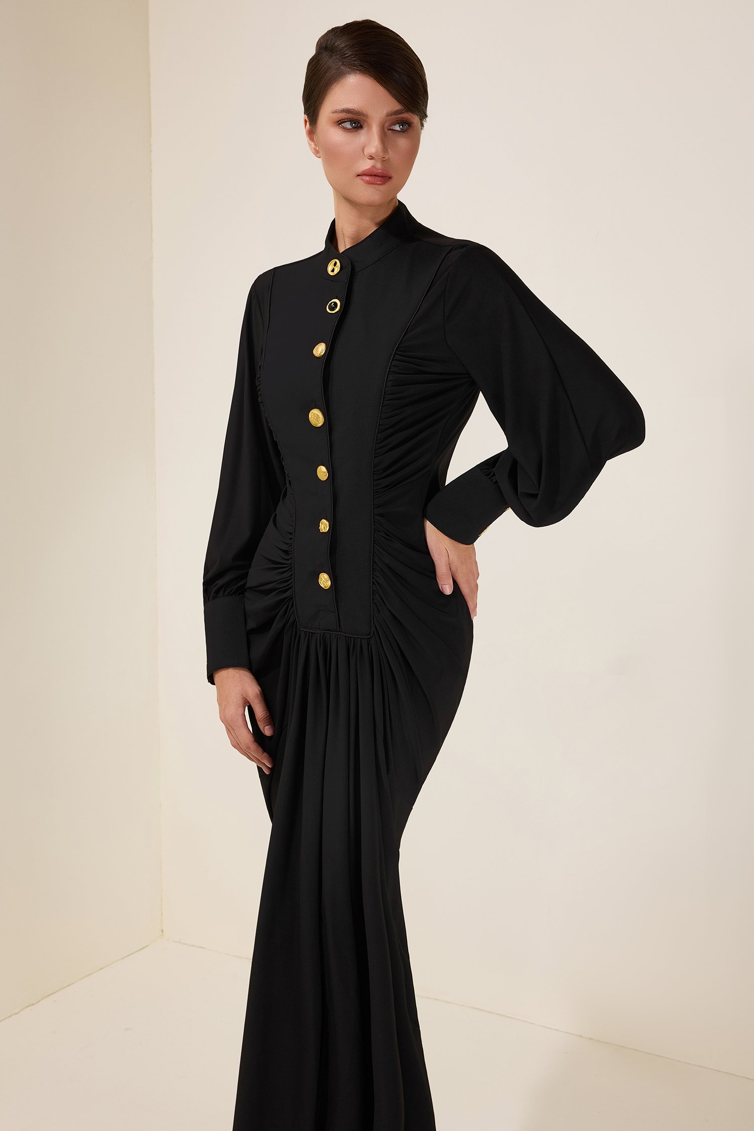 Metal Button Gathering Long Sleeve Midi Dress
