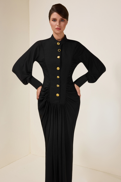 Metal Button Gathering Long Sleeve Midi Dress