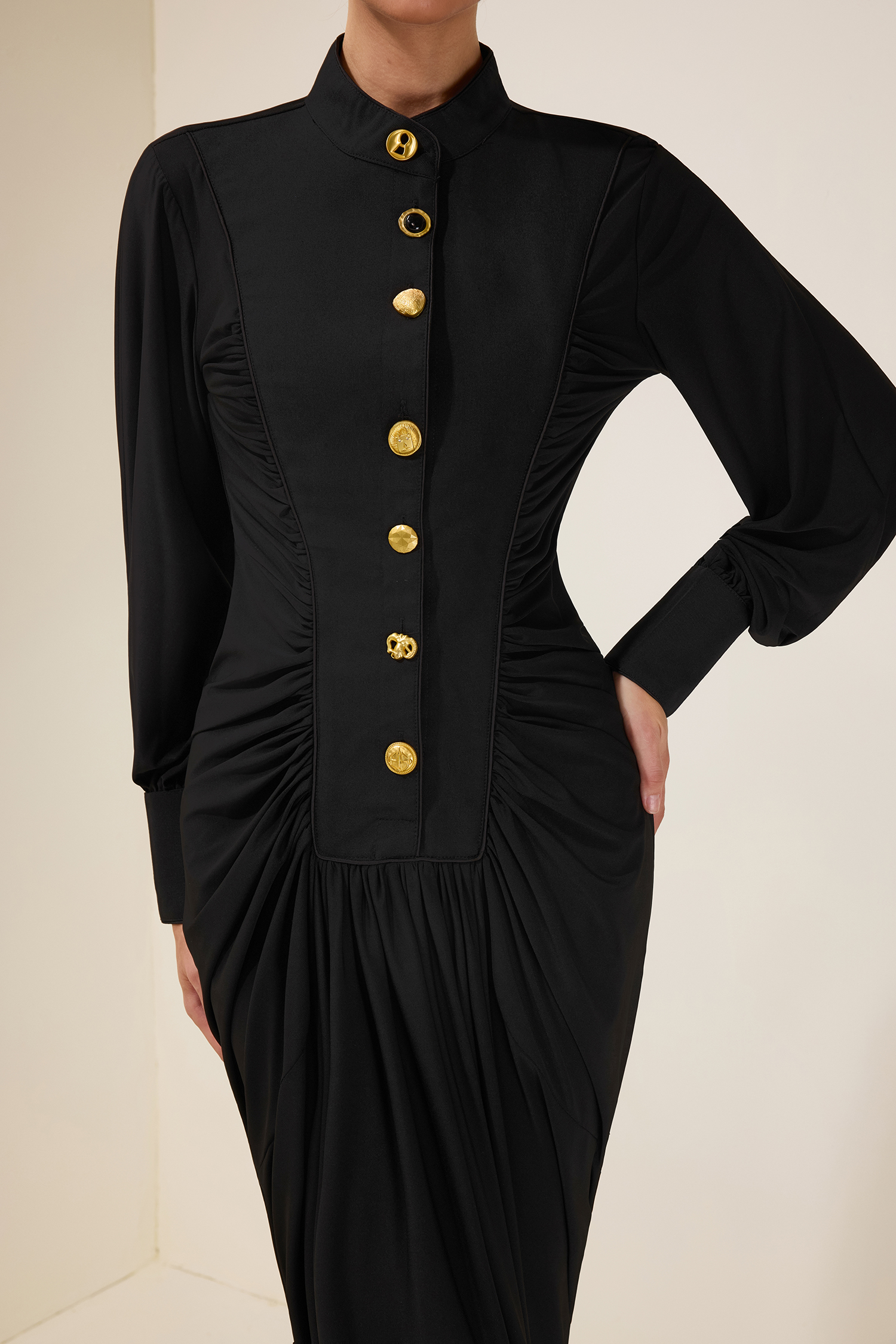 Metal Button Gathering Long Sleeve Midi Dress