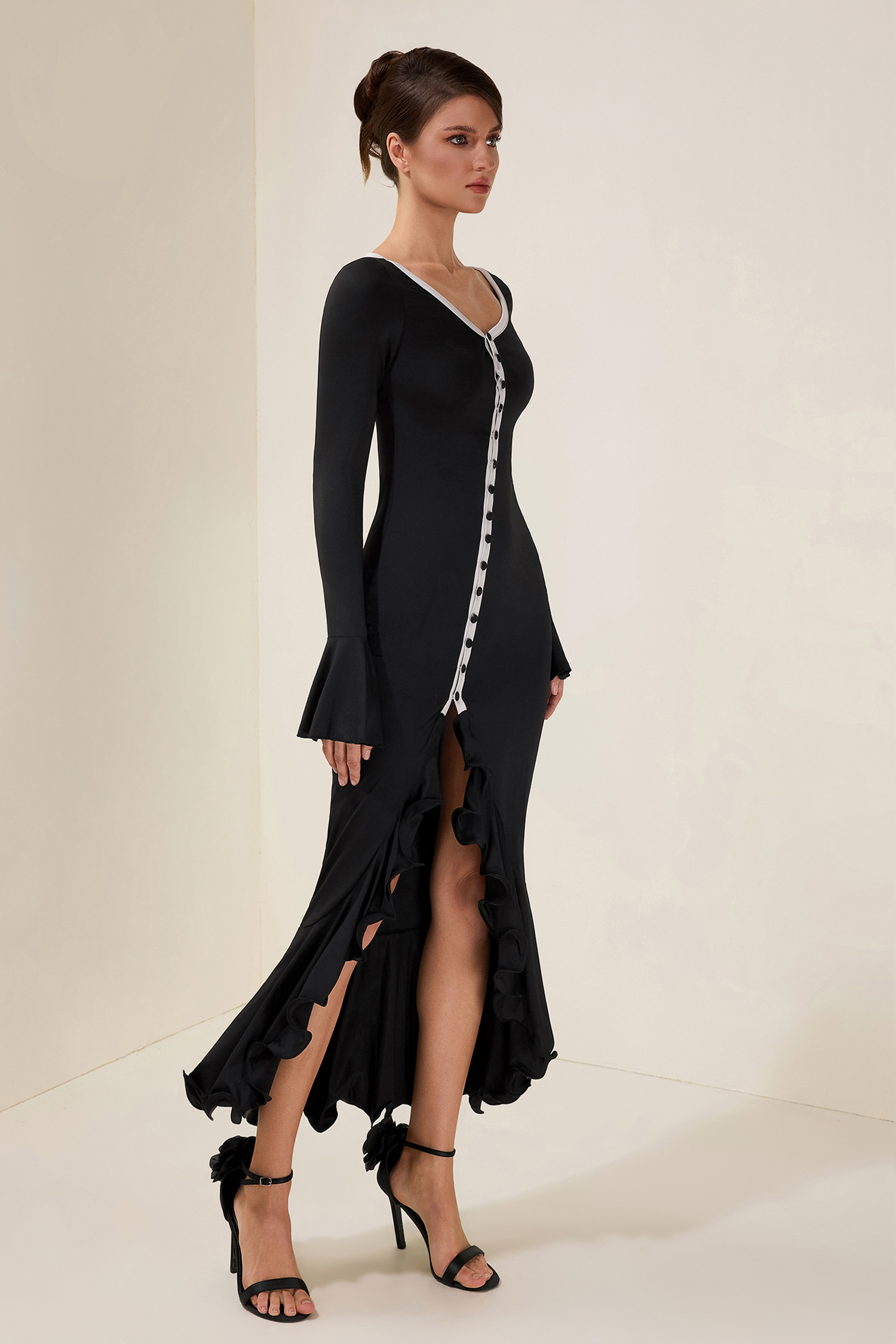 Jersey Single Breasted Ruffle Midi Dress