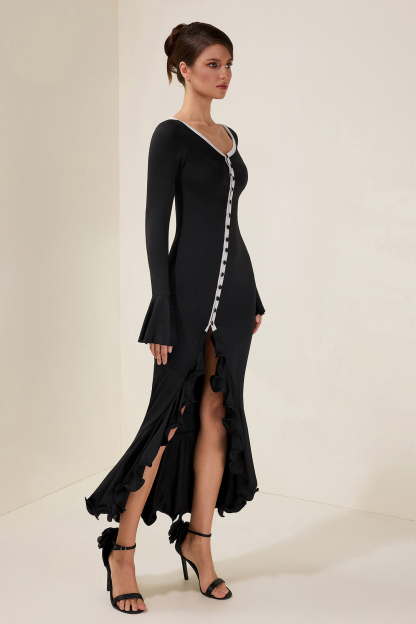 Jersey Single Breasted Ruffle Midi Dress