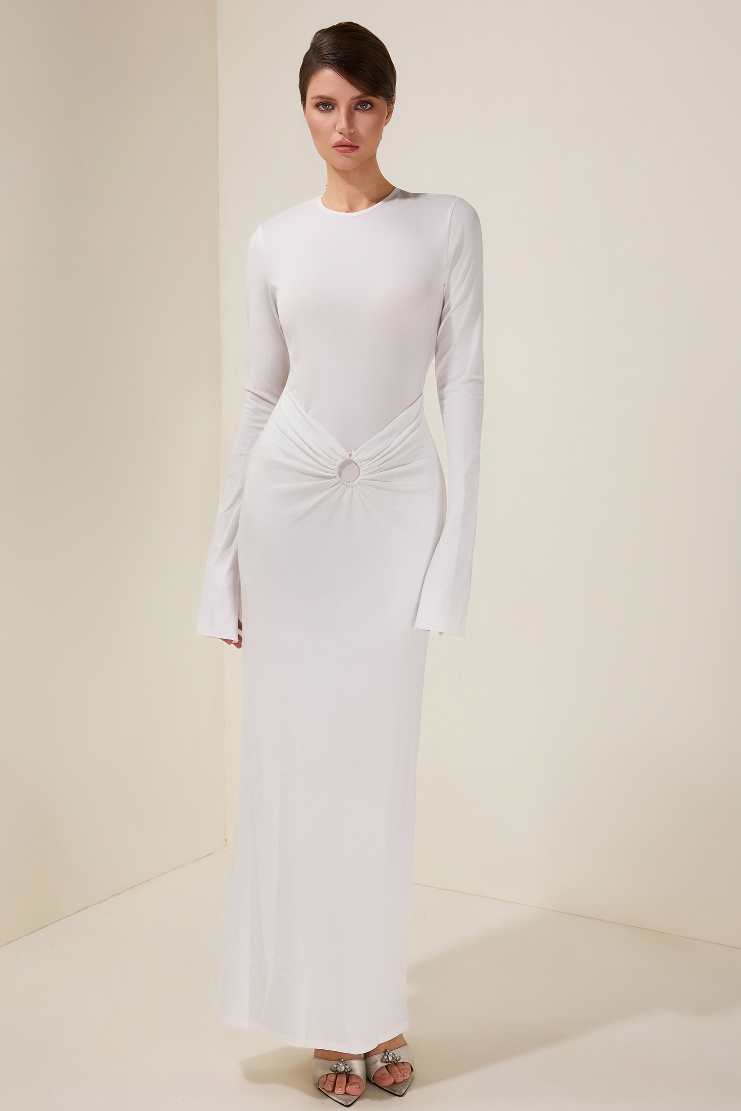 Jersey Gathering Backless Long Sleeve Maxi Dress