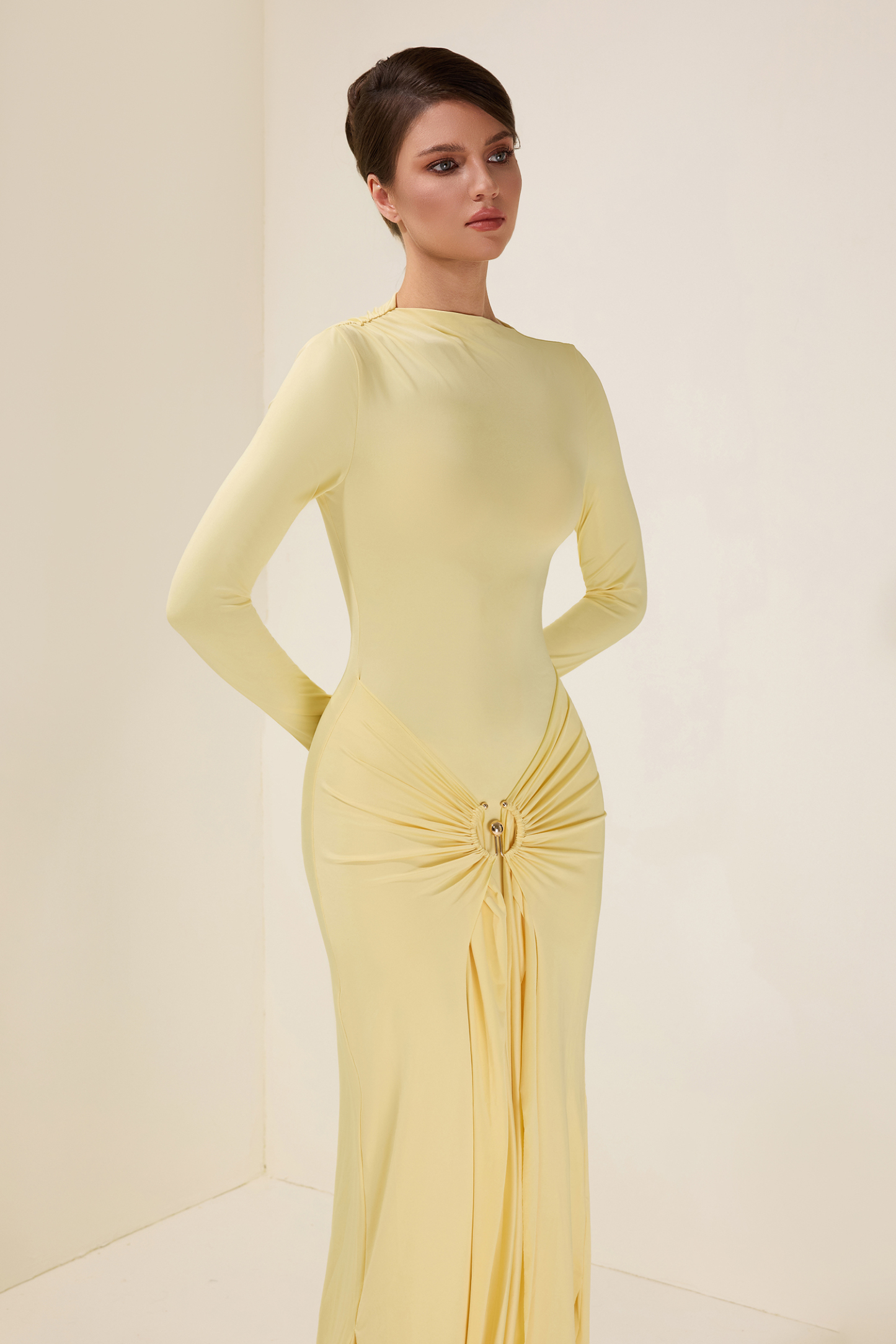 Jersey Knotted Metal Button Maxi Dress