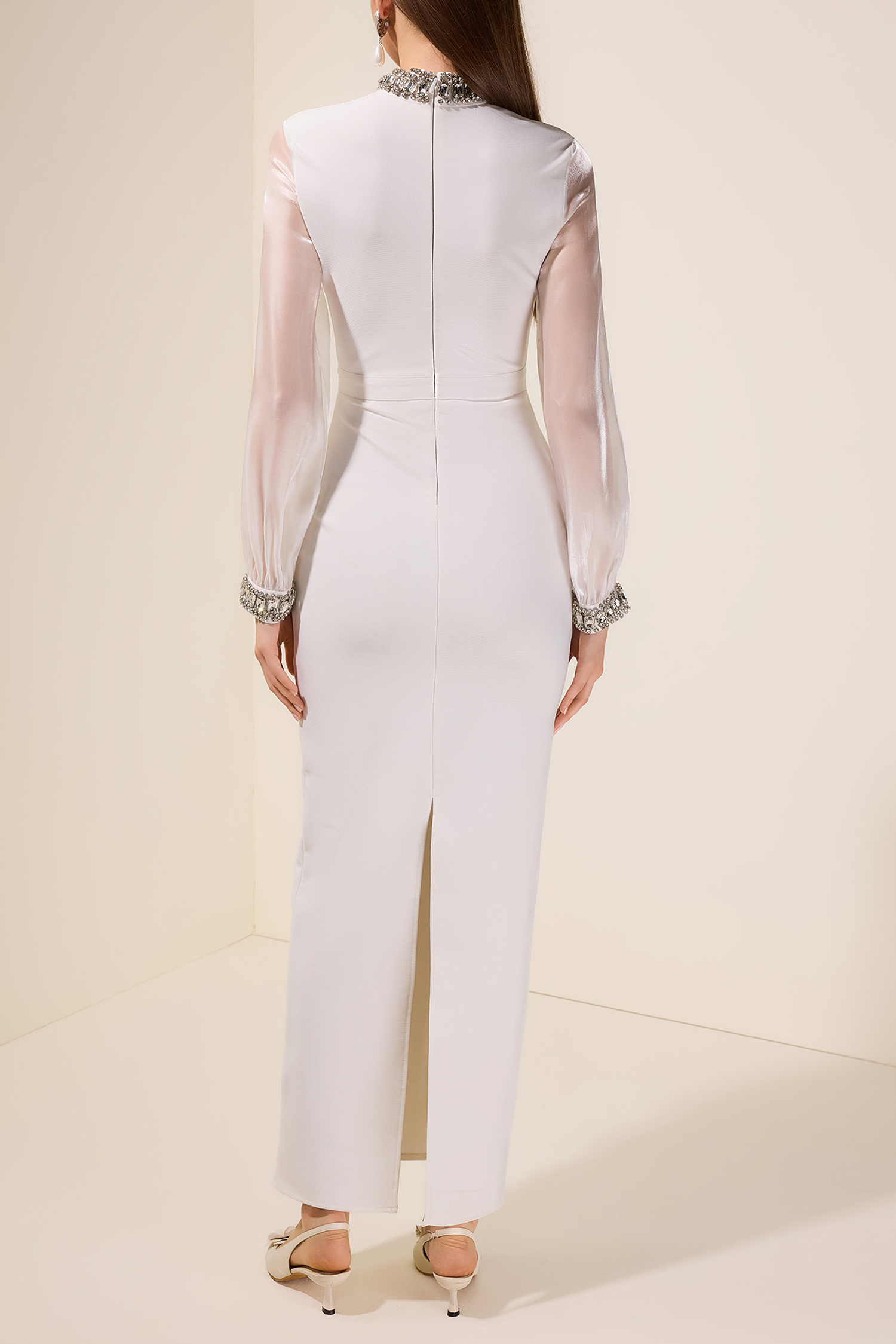 Rhinestone Bandage Splicing Organza Long Sleeve Maxi Dress