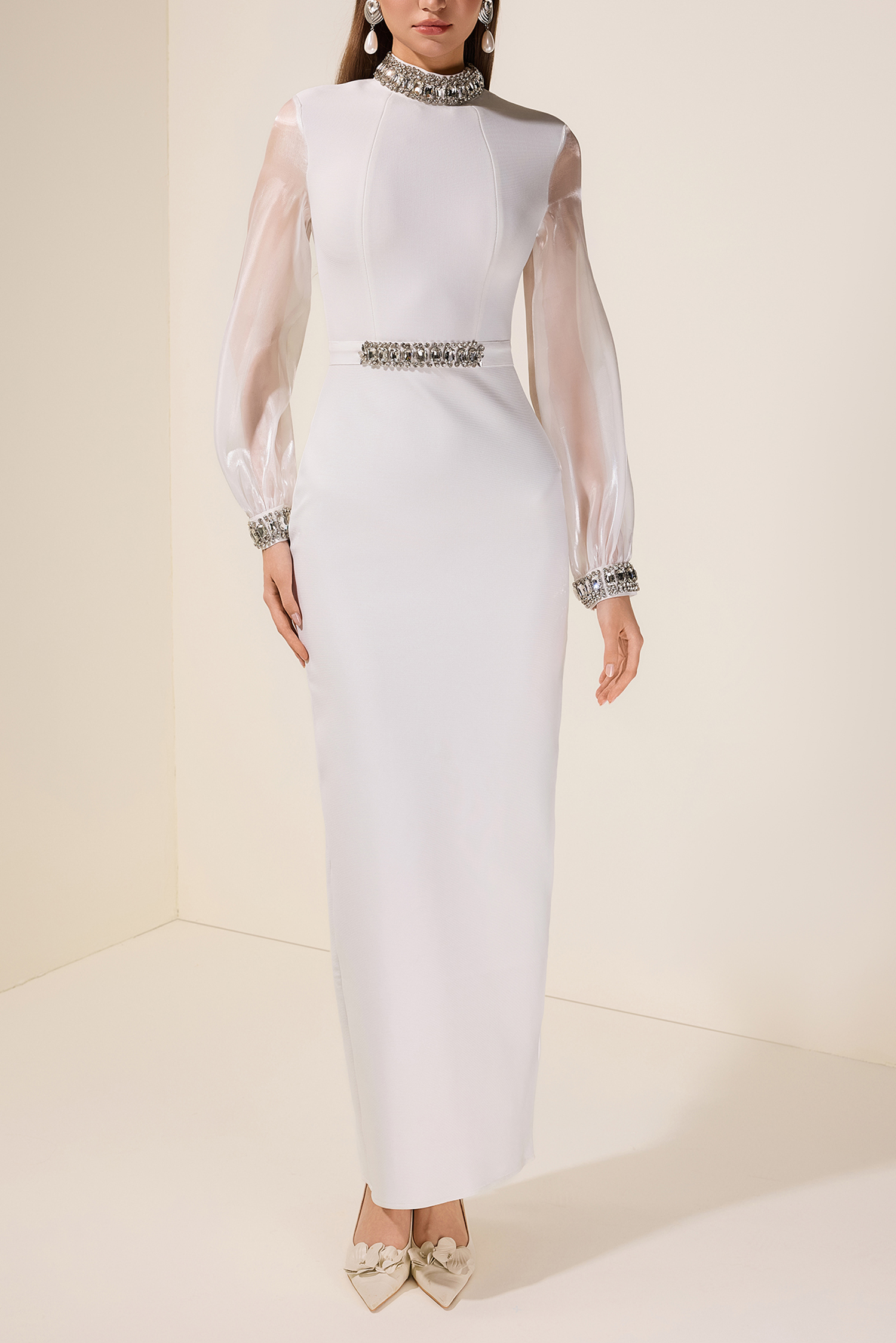 Rhinestone Bandage Splicing Organza Long Sleeve Maxi Dress