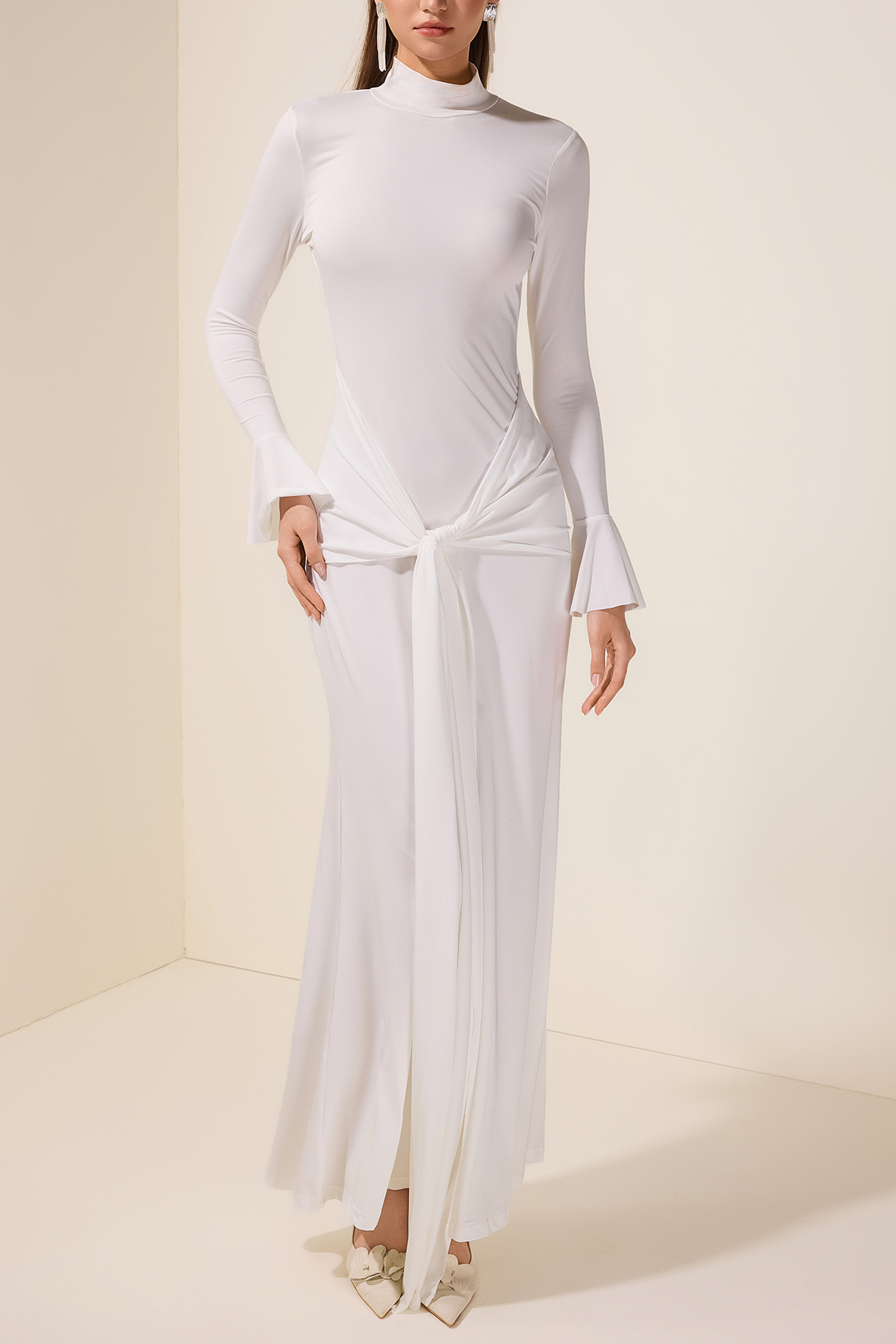 Jersey Lace-Up Bell Sleeve Maxi Dress