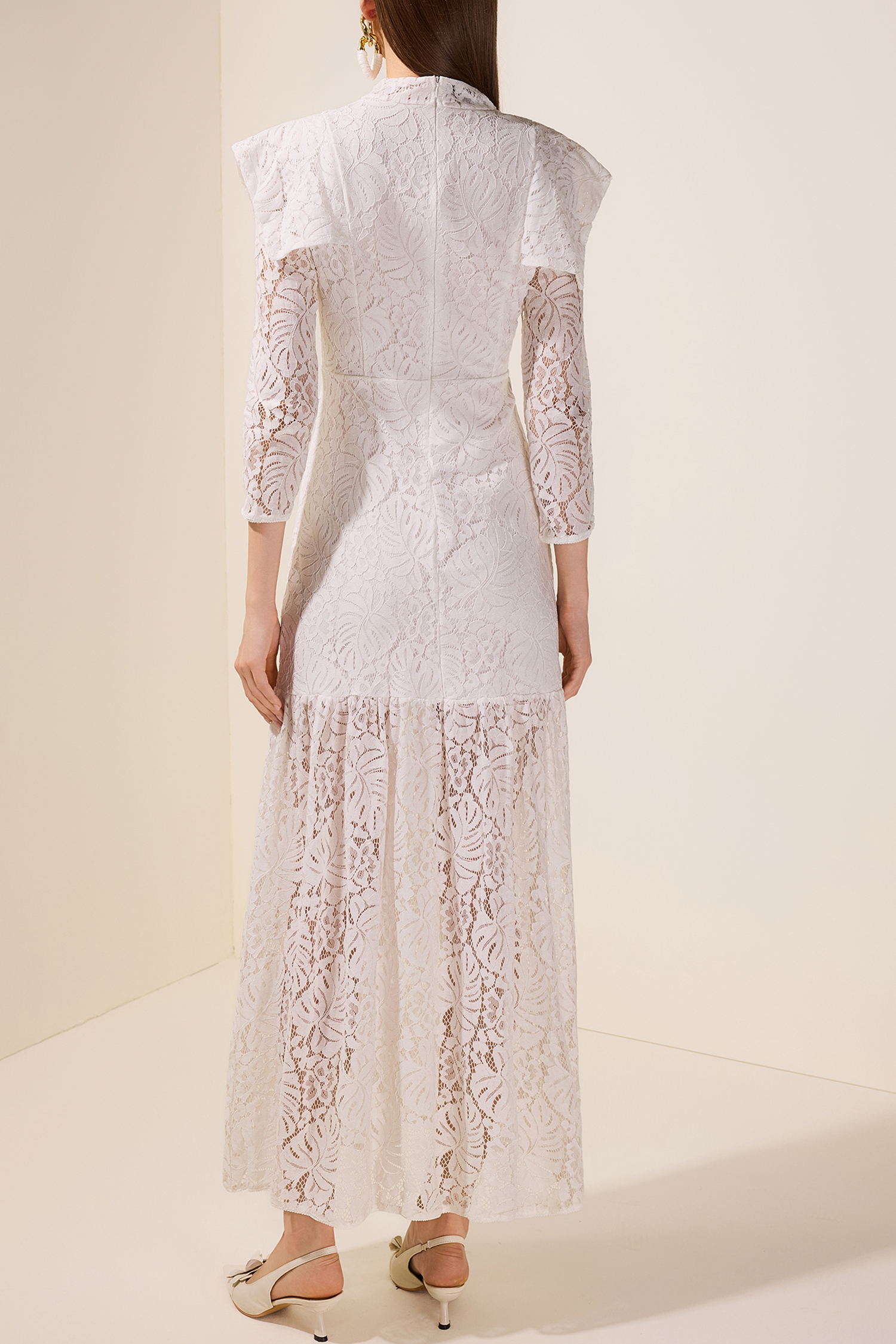 Lace Solid Long Sleeve Midi Dress