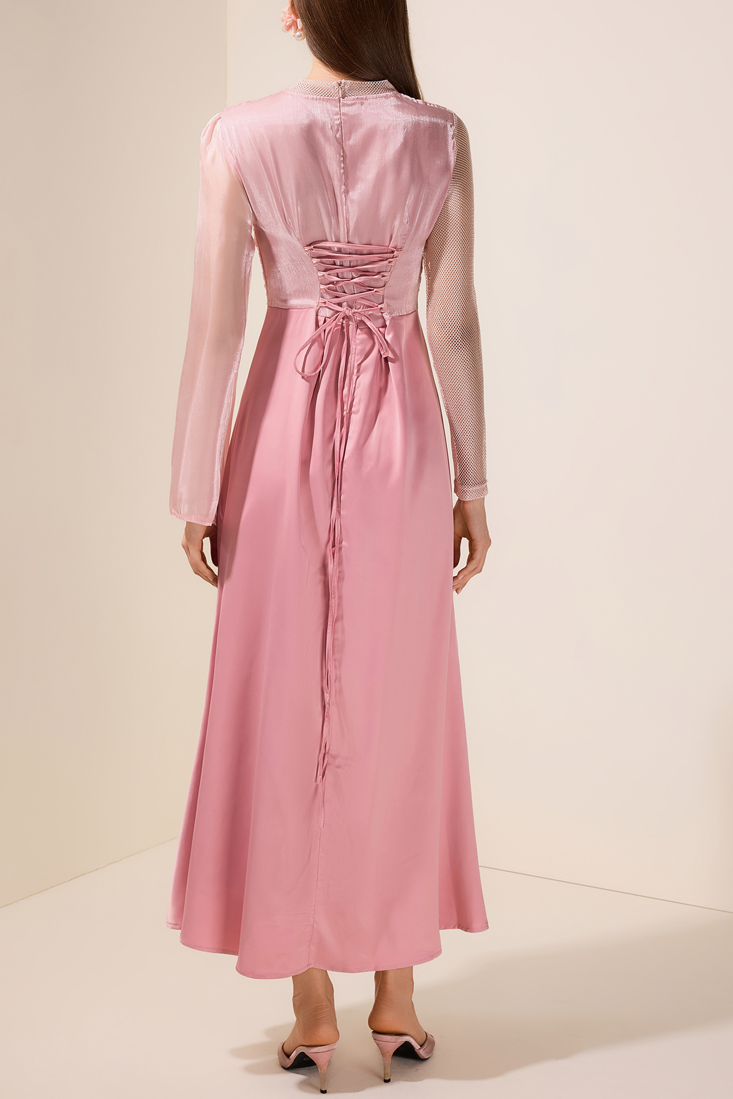 Luxury Splicing Satin Stand Collar Maxi Dress With Belt