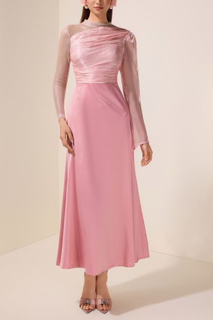 Luxury Splicing Satin Stand Collar Maxi Dress With Belt