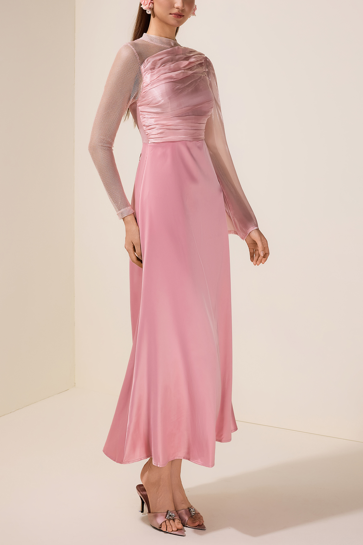 Luxury Splicing Satin Stand Collar Maxi Dress With Belt