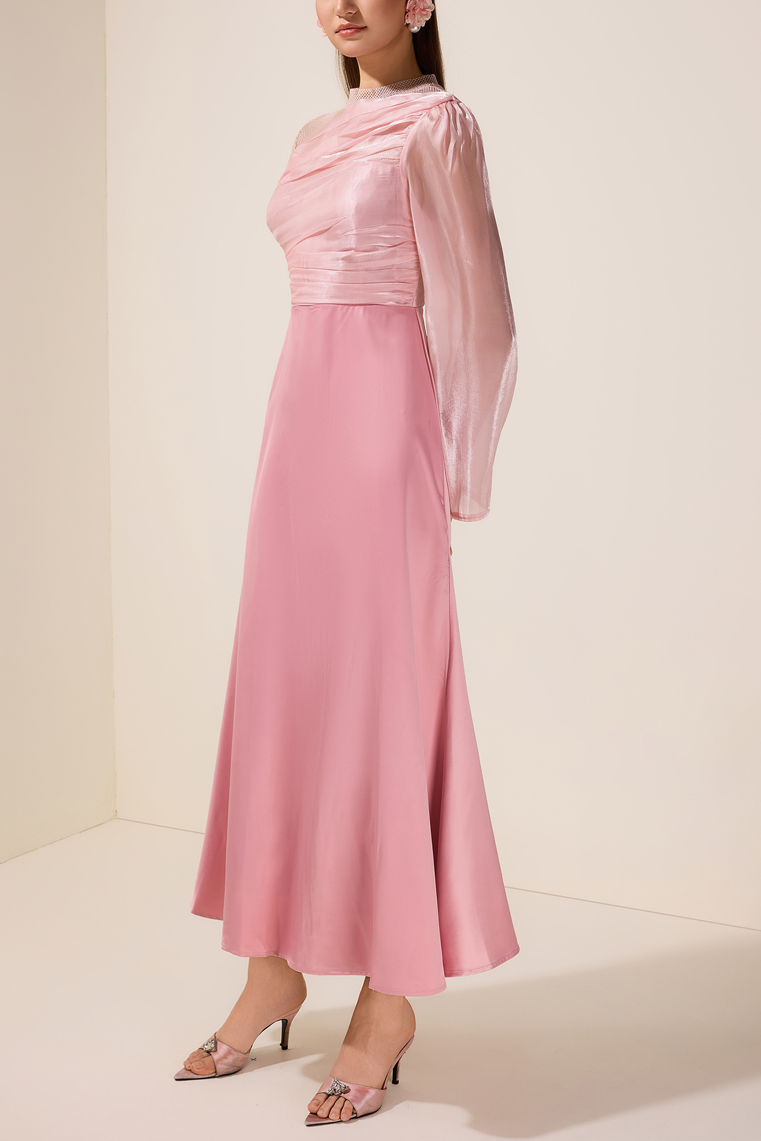 Luxury Splicing Satin Stand Collar Maxi Dress With Belt