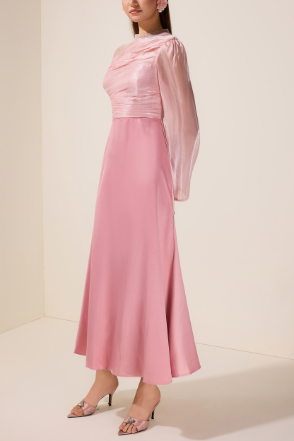 Luxury Splicing Satin Stand Collar Maxi Dress With Belt