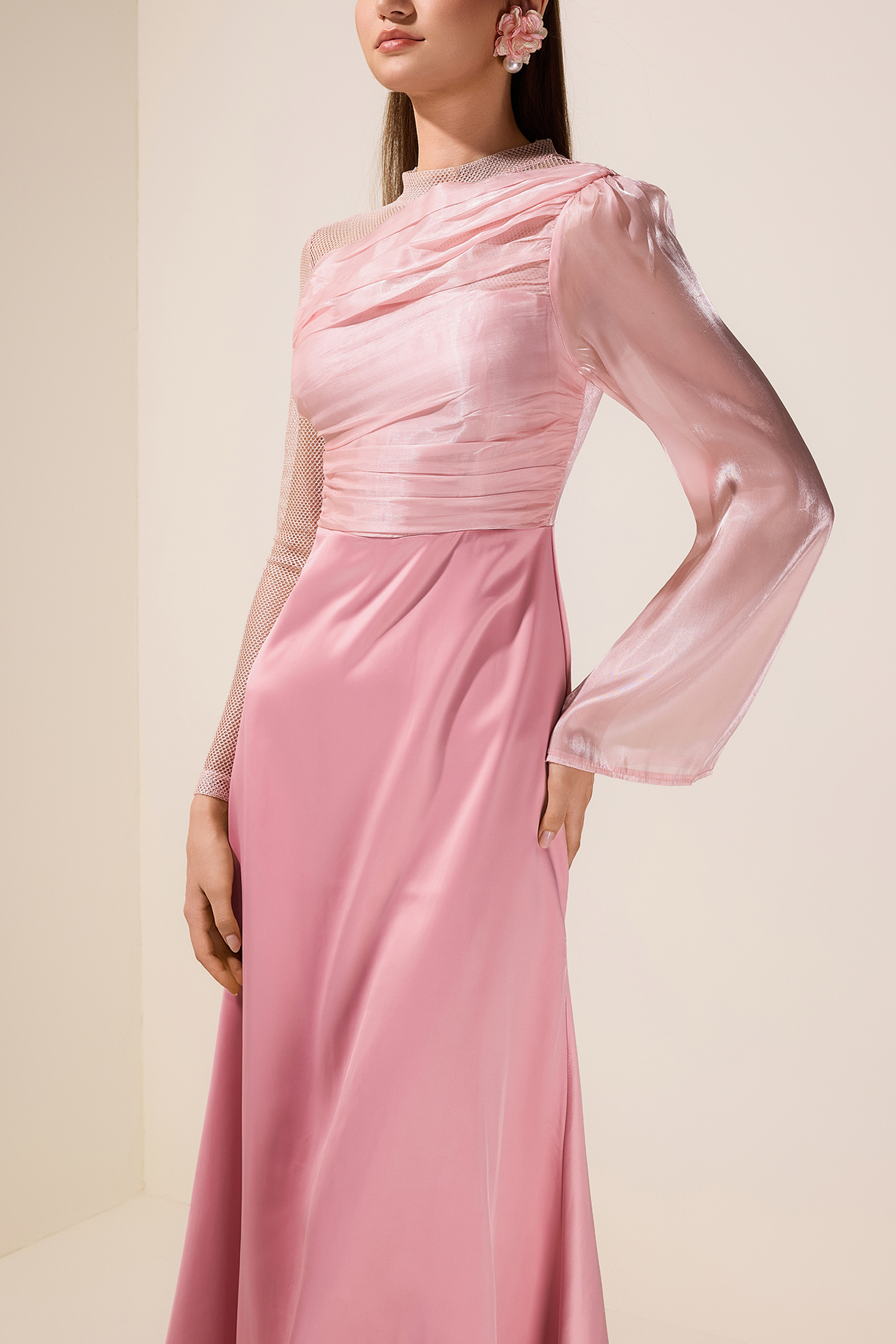 Luxury Splicing Satin Stand Collar Maxi Dress With Belt