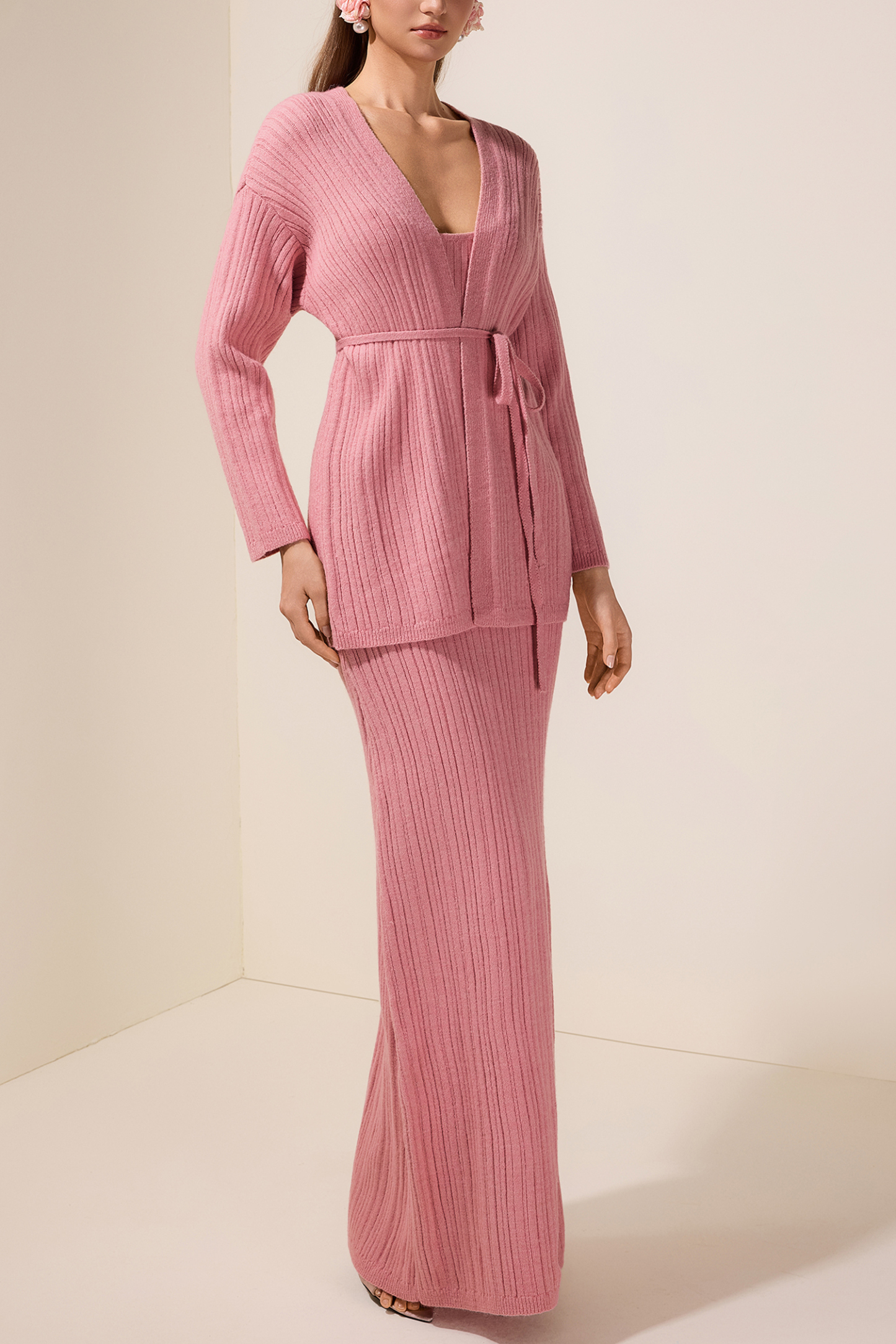 Knit Camisole Maxi Dress With Cardigan