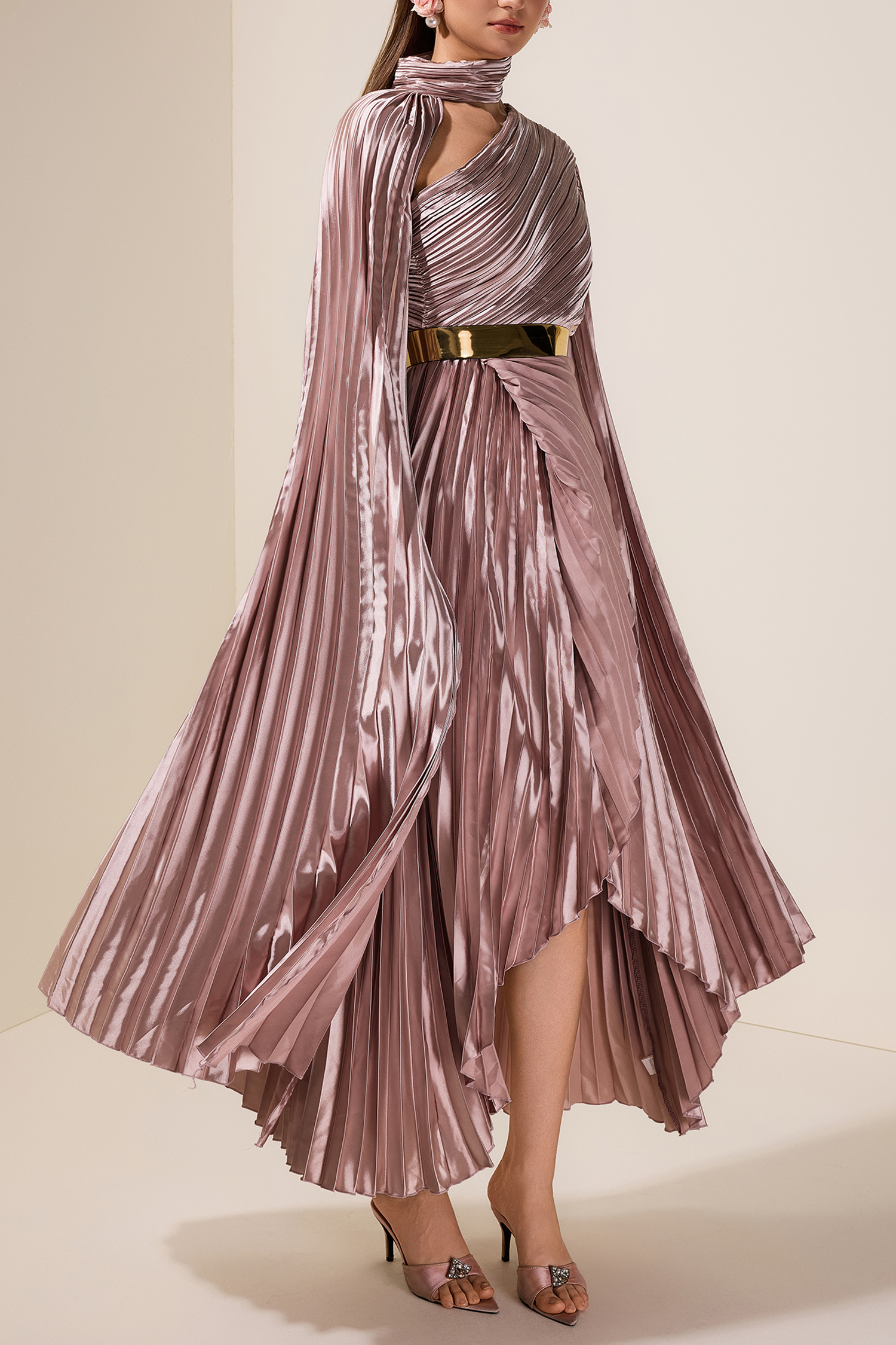 Pleated Cape Sleeve Midi Dress With Belt