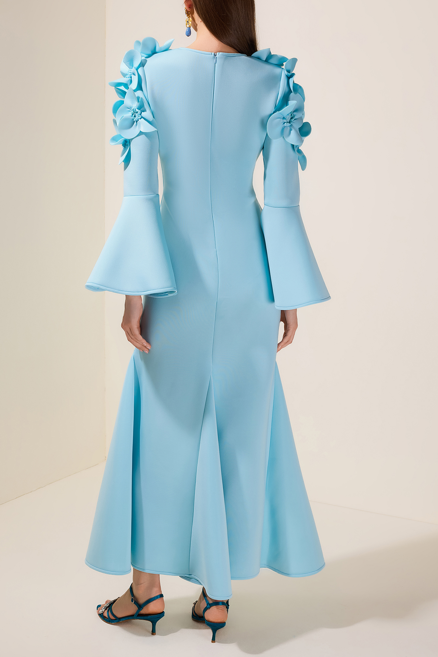 3D Flower Square Collar Bell Sleeve Maxi Dress