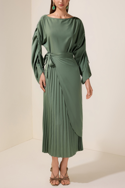 Solid Skew Collar Pleated Maxi Dress With Belt