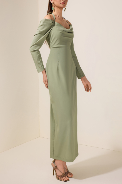 Solid Halter Neck Long Sleeve Maxi Dress