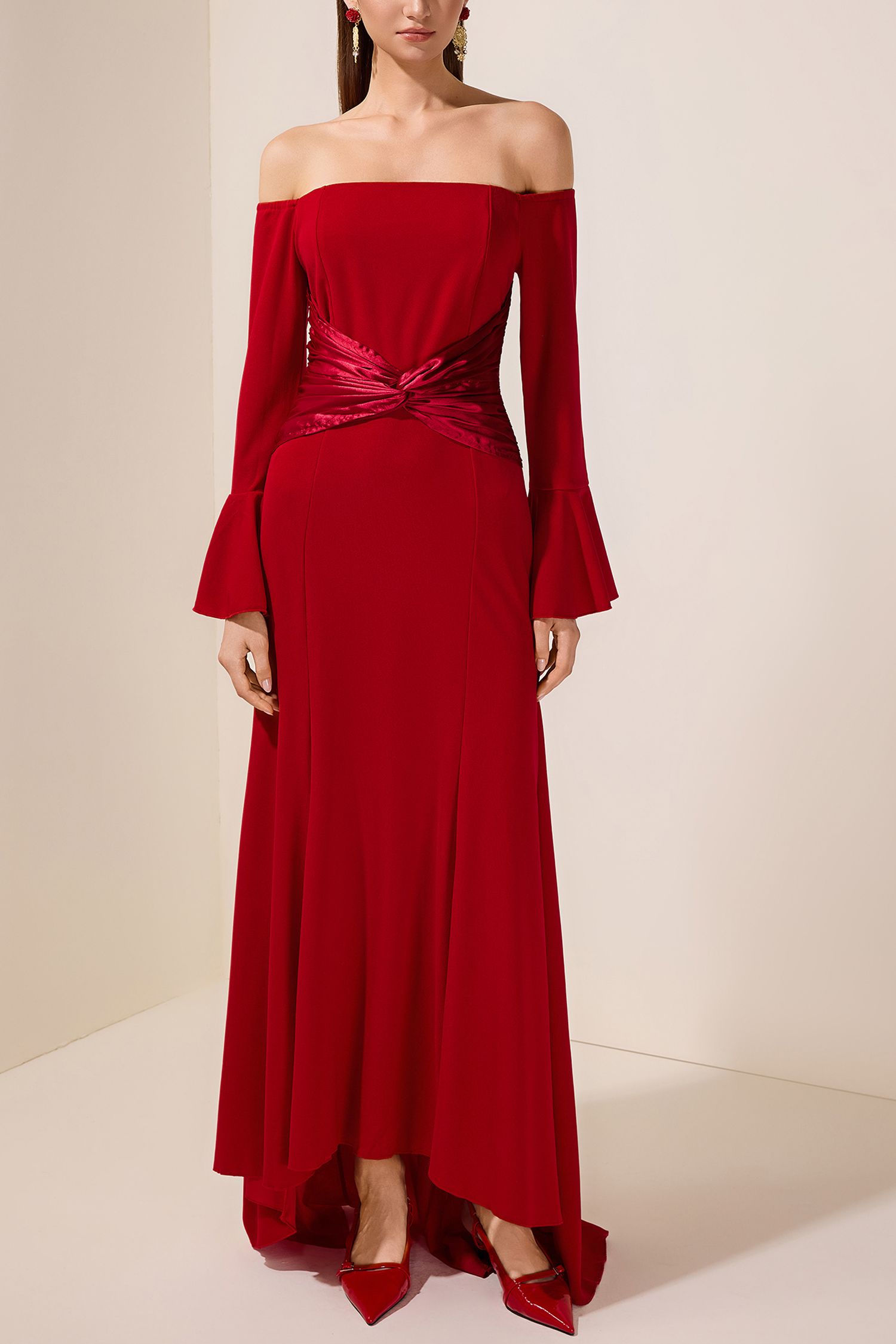 Satin Splicing Knotted Off-Shoulder Maxi Dress