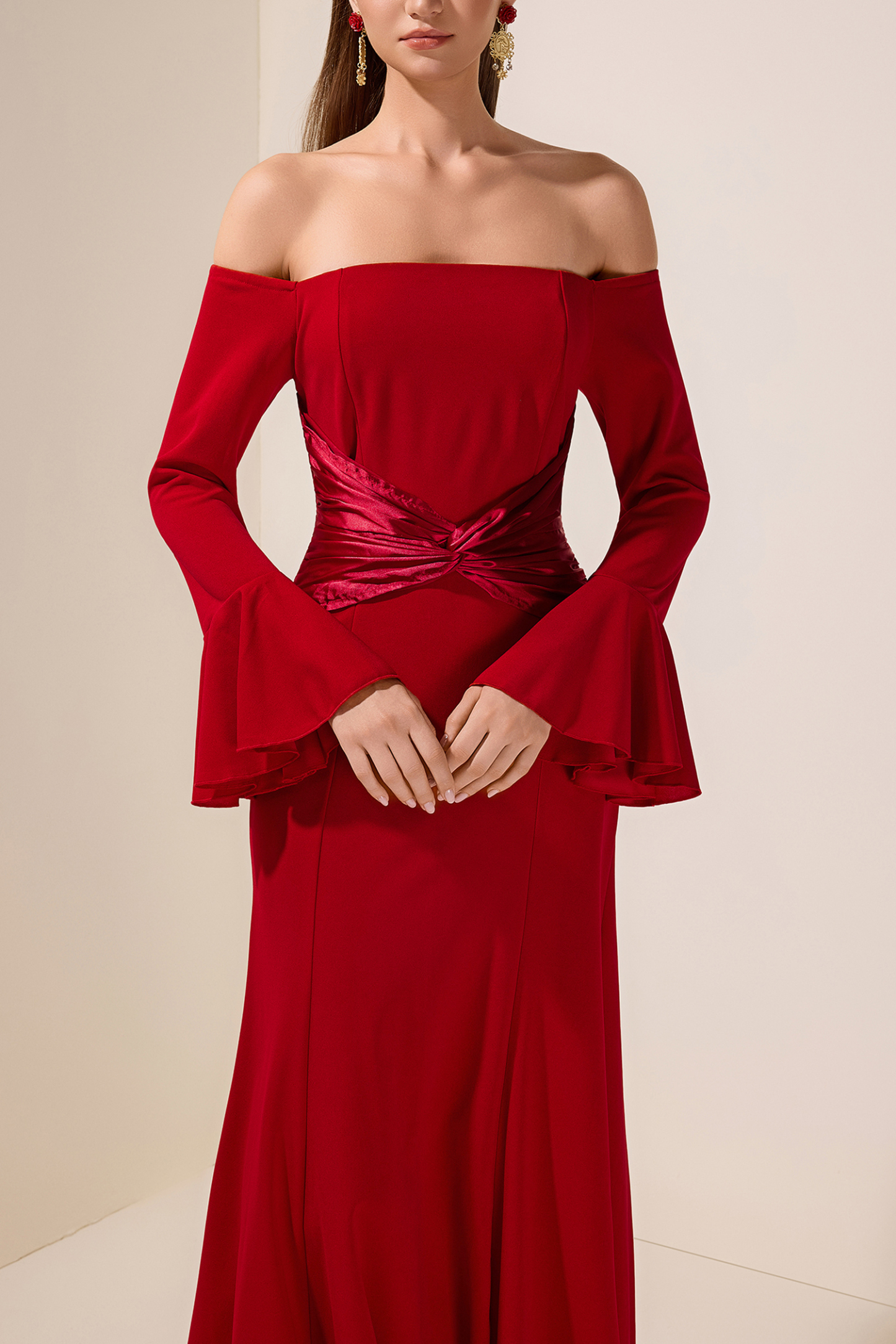 Satin Splicing Knotted Off-Shoulder Maxi Dress