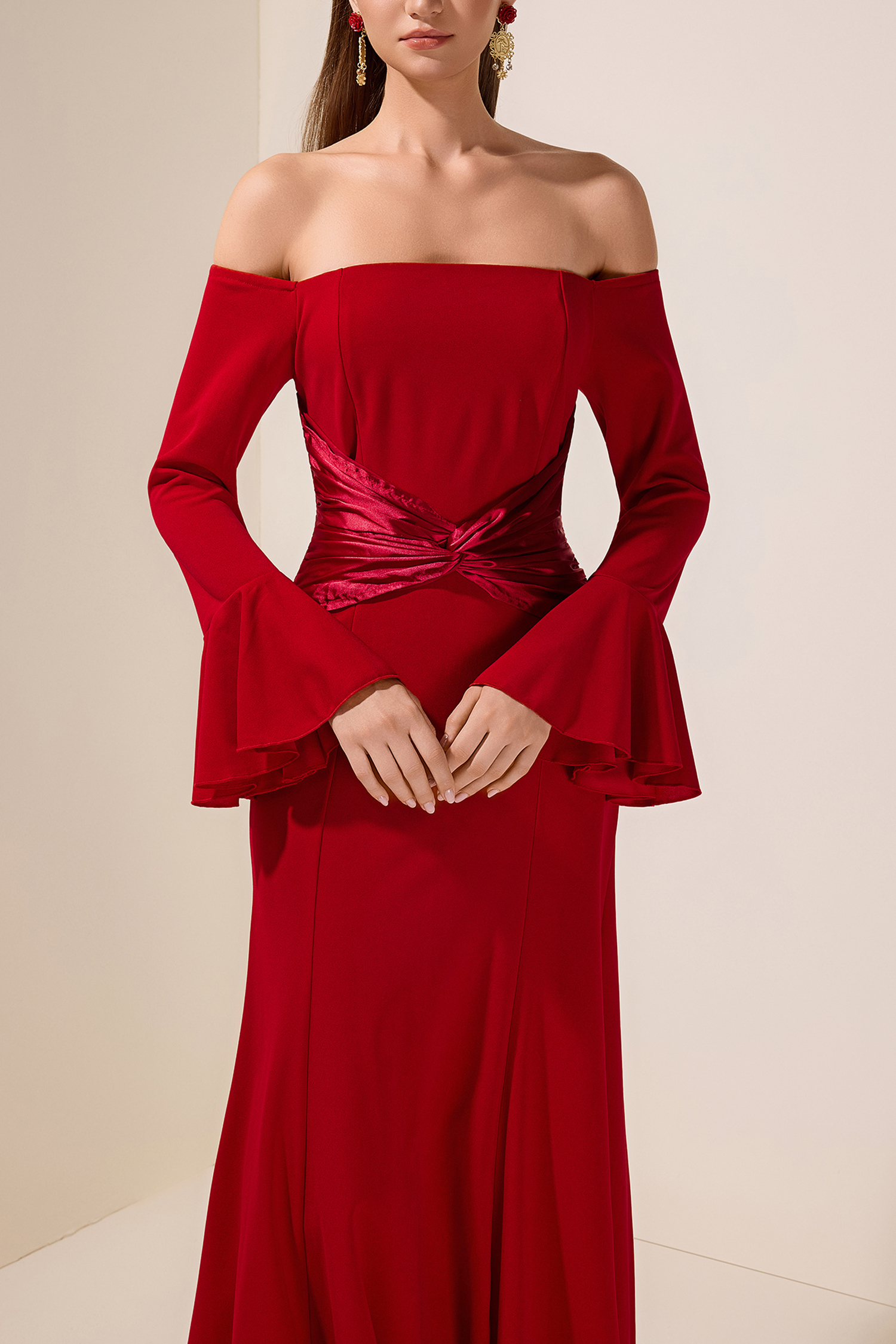 Satin Splicing Knotted Off-Shoulder Maxi Dress