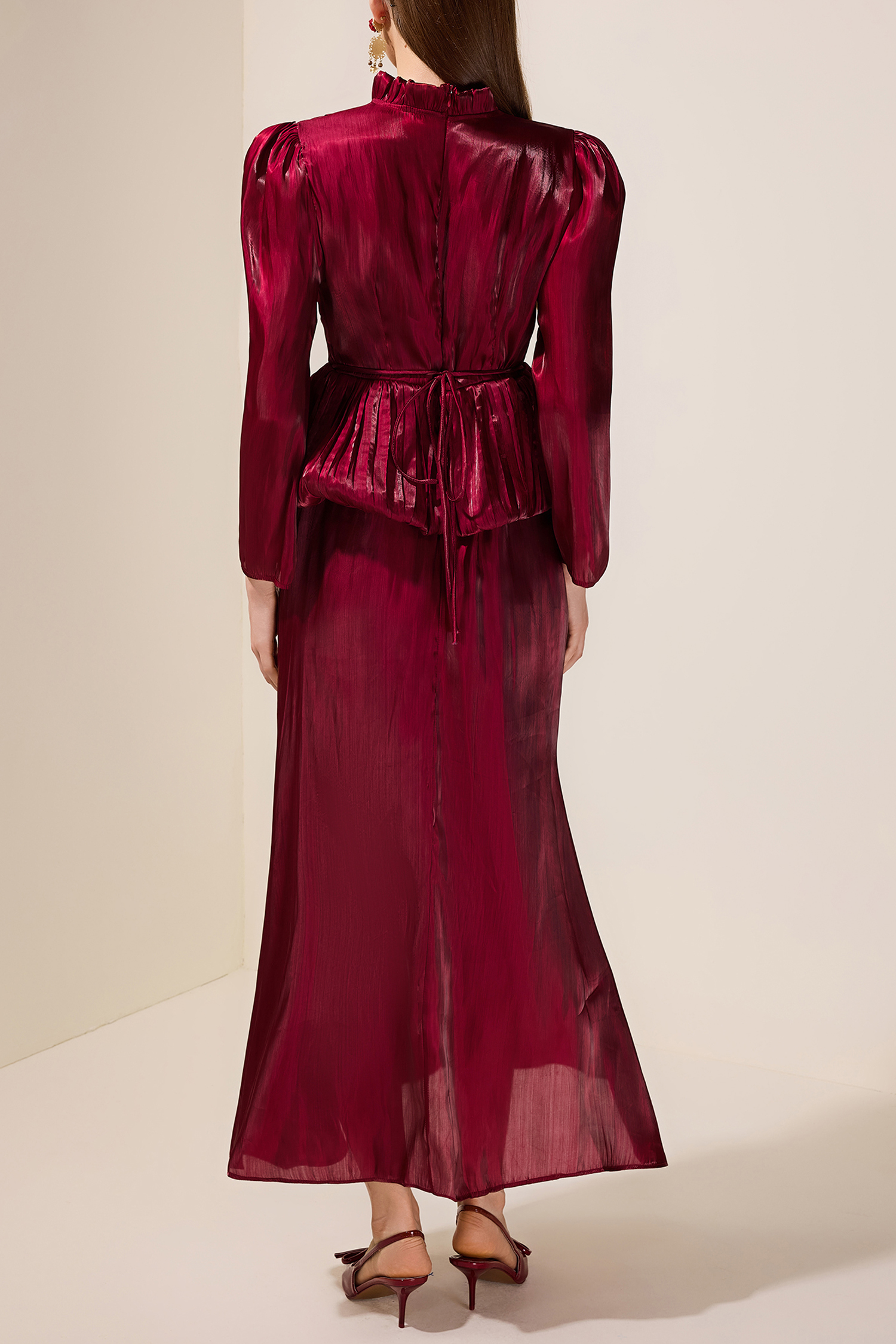 Satin Ruffle Long Sleeve Maxi Dress